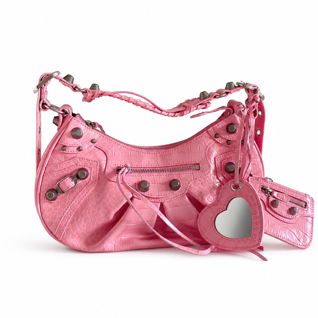 Balenciaga Le Cagole Large Croc-Embossed Leather Pink Bag