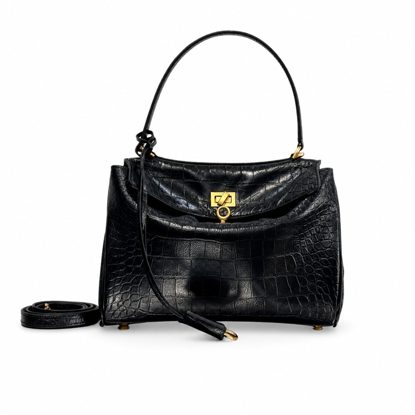 Balenciaga Small Croc-Embossed Black Handbag