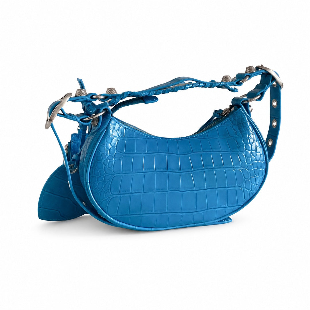 Balenciaga Le Cagole Small Croc-Embossed Leather Blue Bag