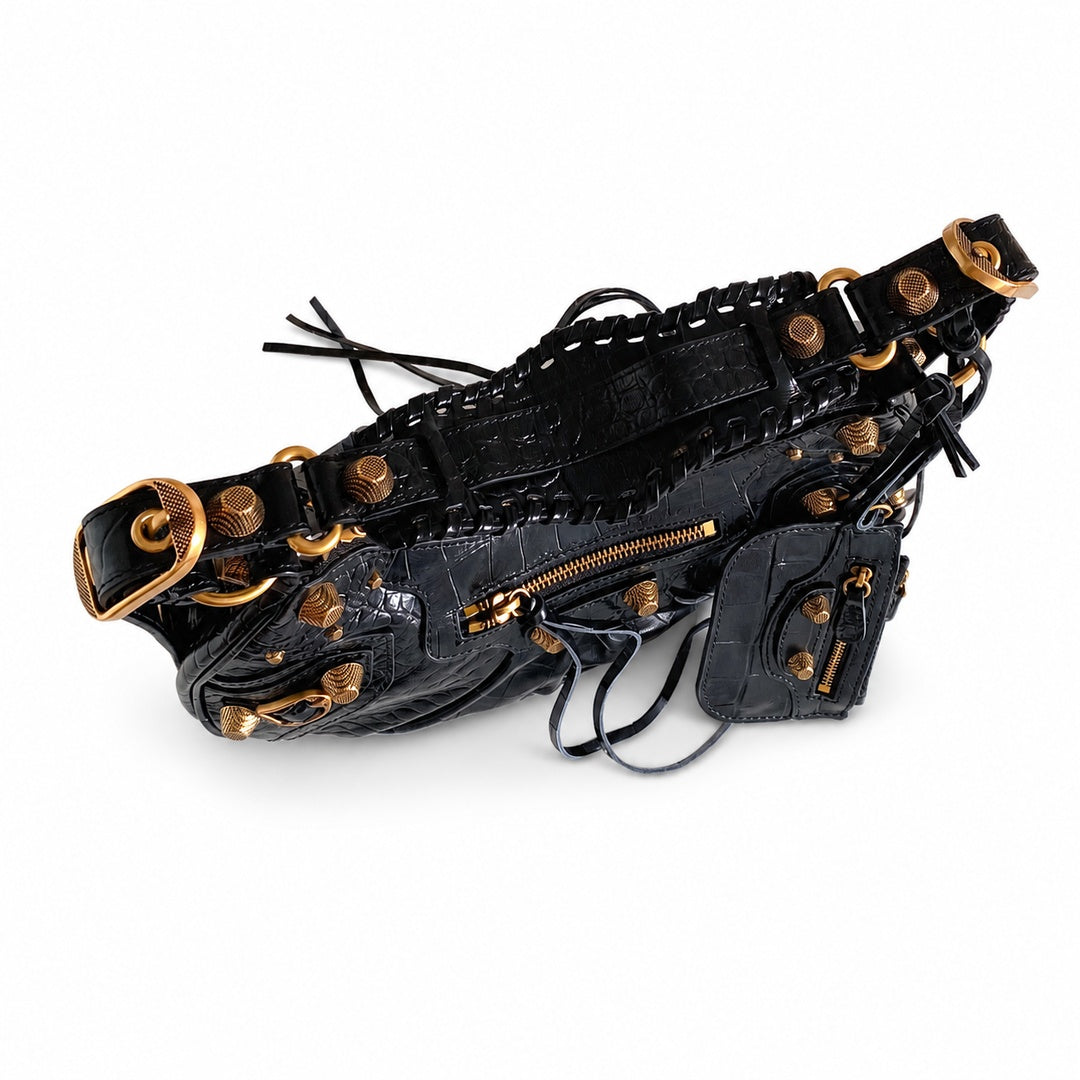 Balenciaga Le Cagole Large Croc-Embossed Leather Black Bag