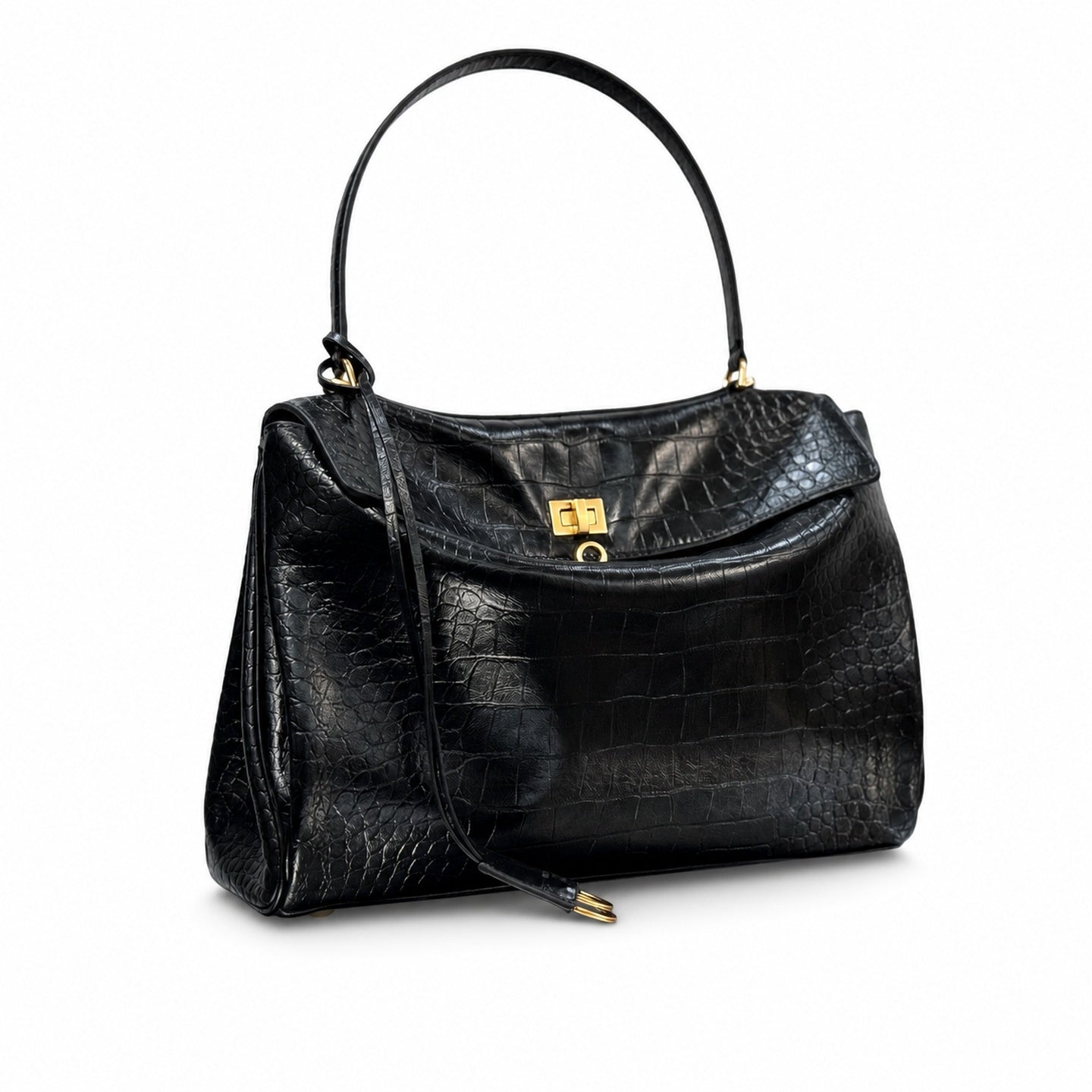 Balenciaga Mini Small Large Croc-Embossed Leather Black Handbag