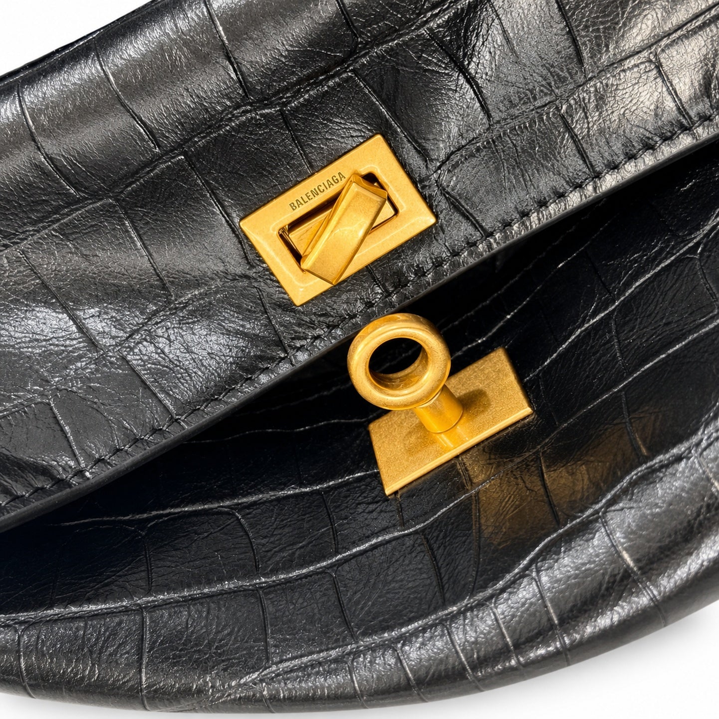 Balenciaga Mini Small Large Croc-Embossed Leather Black Handbag