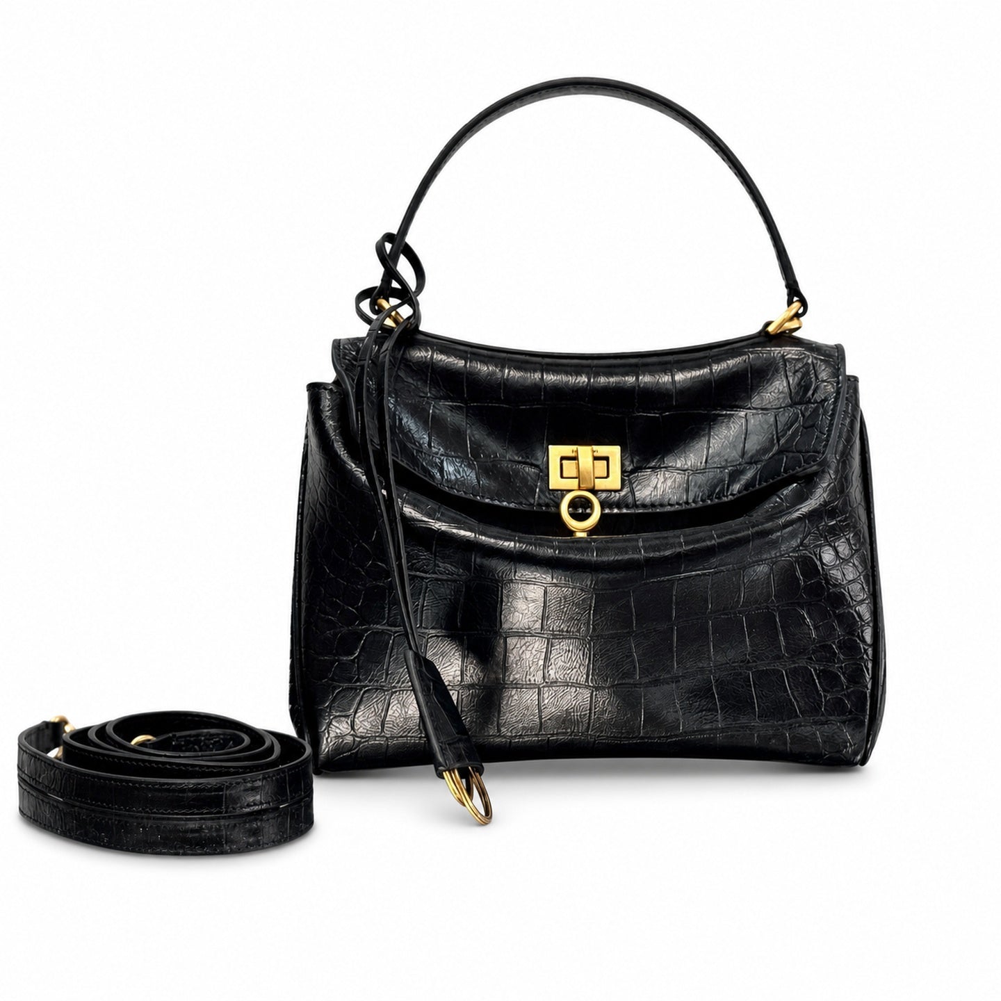 Balenciaga Mini Croc-Embossed Black Handbag