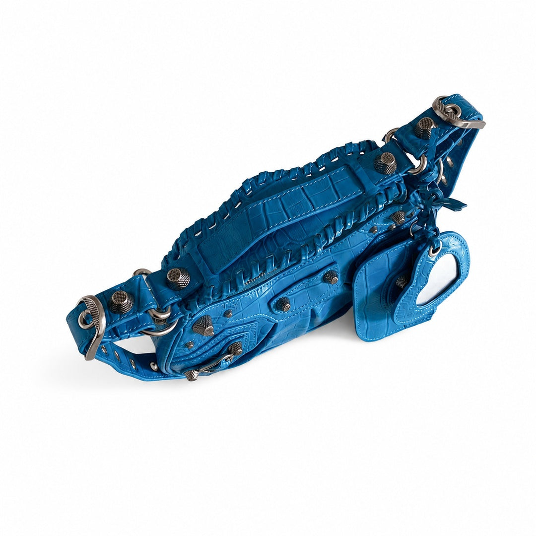 Balenciaga Le Cagole Small Croc-Embossed Leather Blue Bag