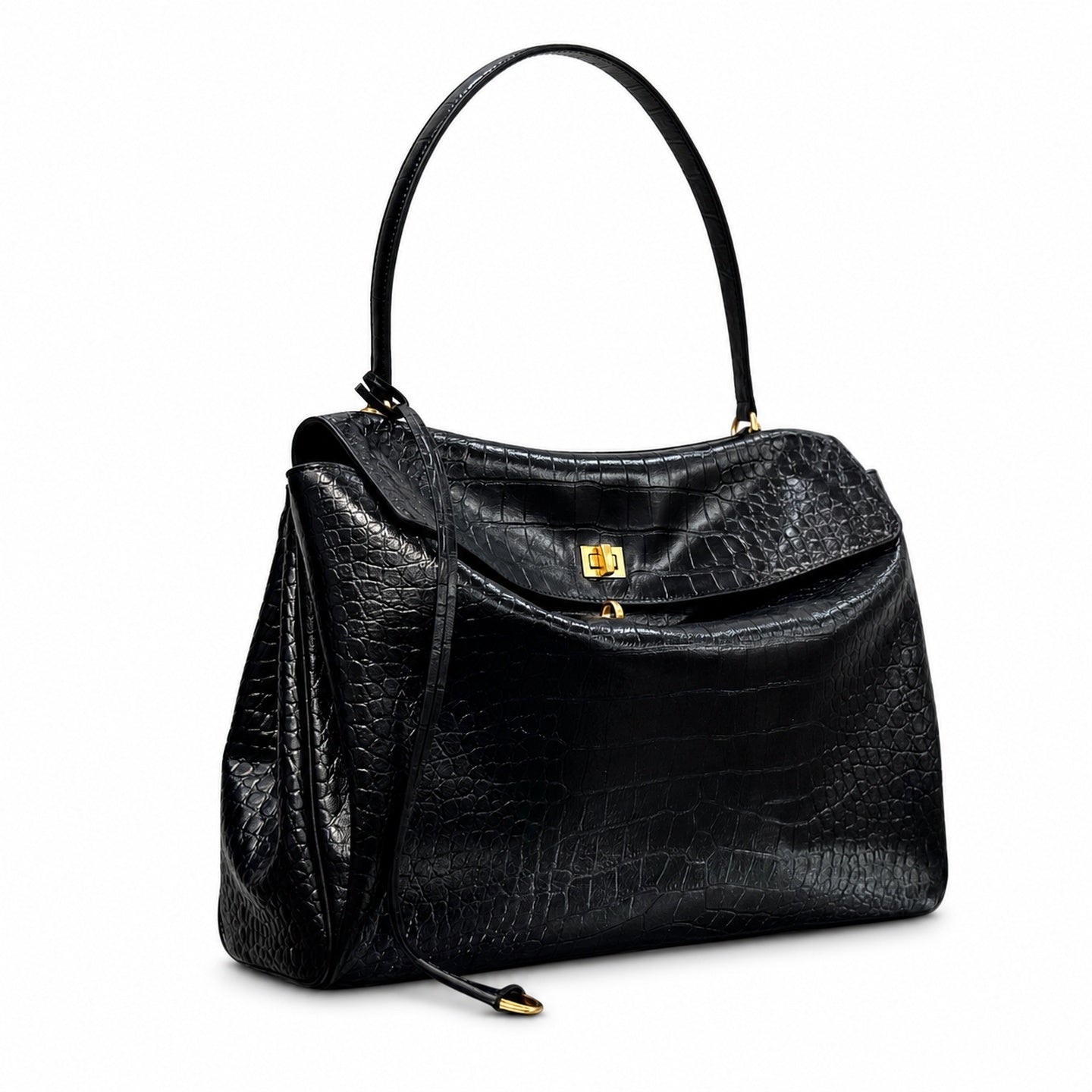 Balenciaga Large Croc-Embossed Black Handbag