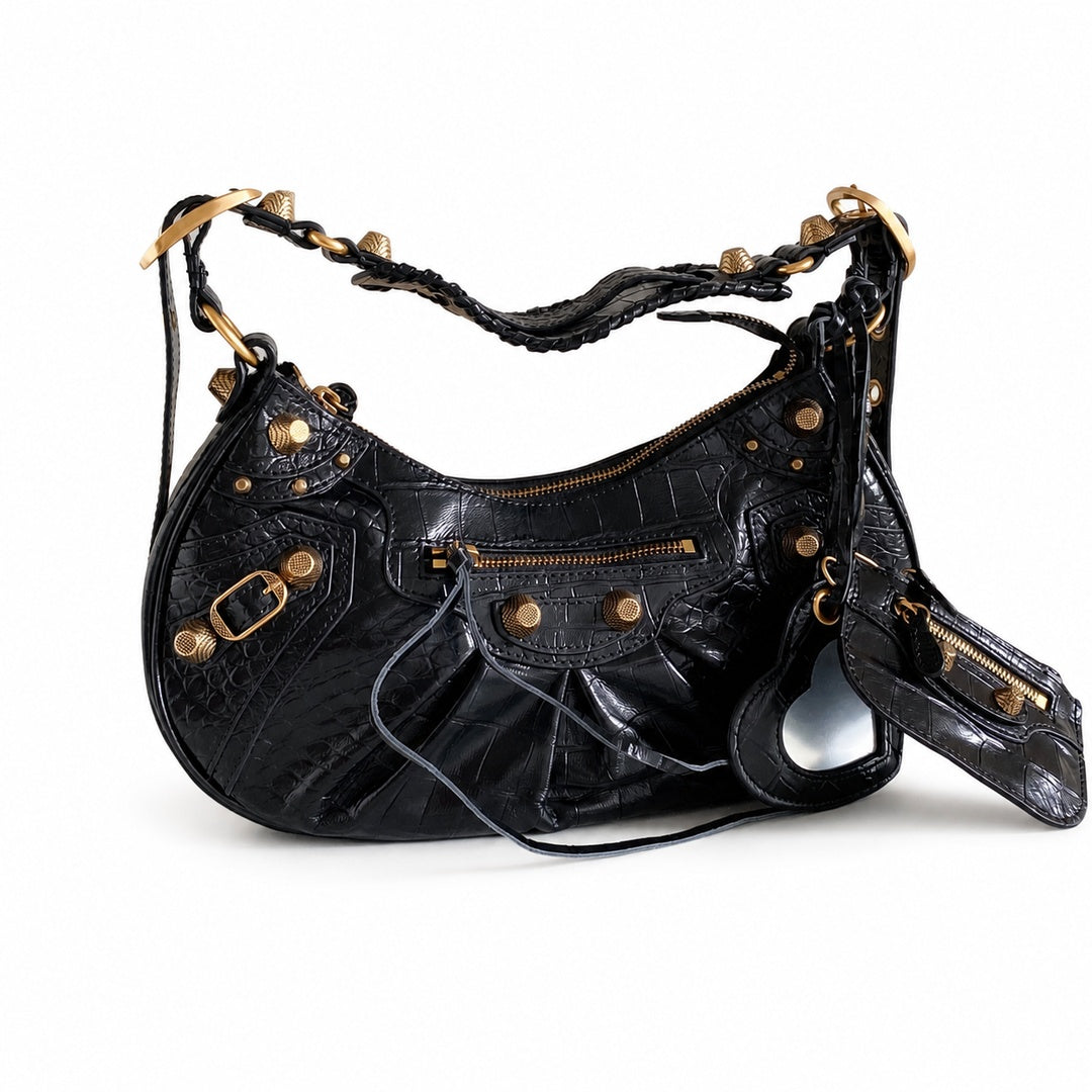 Balenciaga Le Cagole Large Croc-Embossed Leather Black Bag