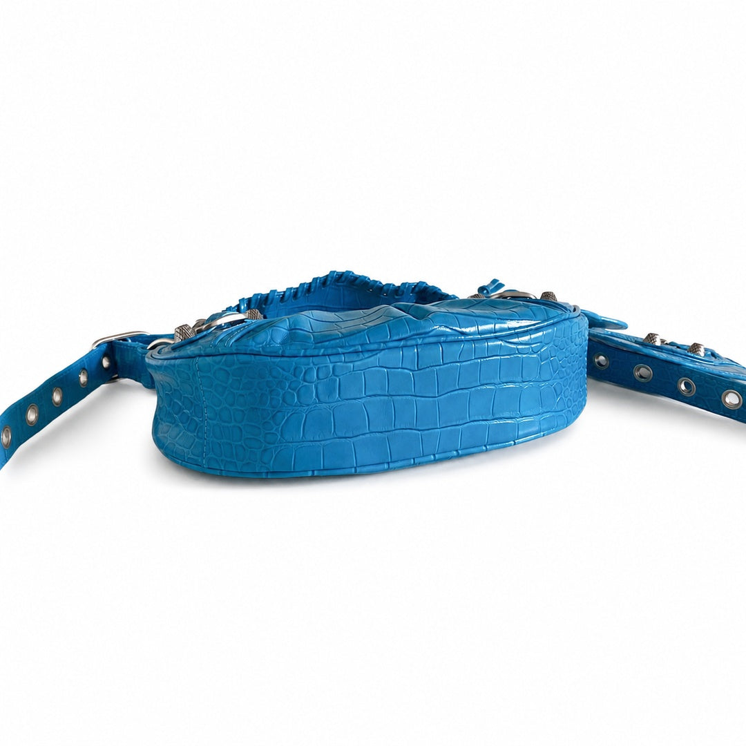 Balenciaga Le Cagole Small Croc-Embossed Leather Blue Bag