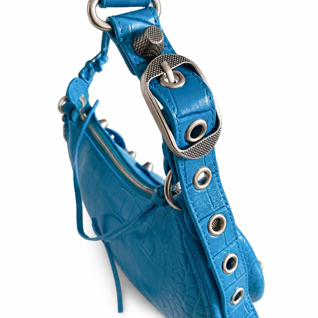 Balenciaga Le Cagole Small Croc-Embossed Leather Blue Bag