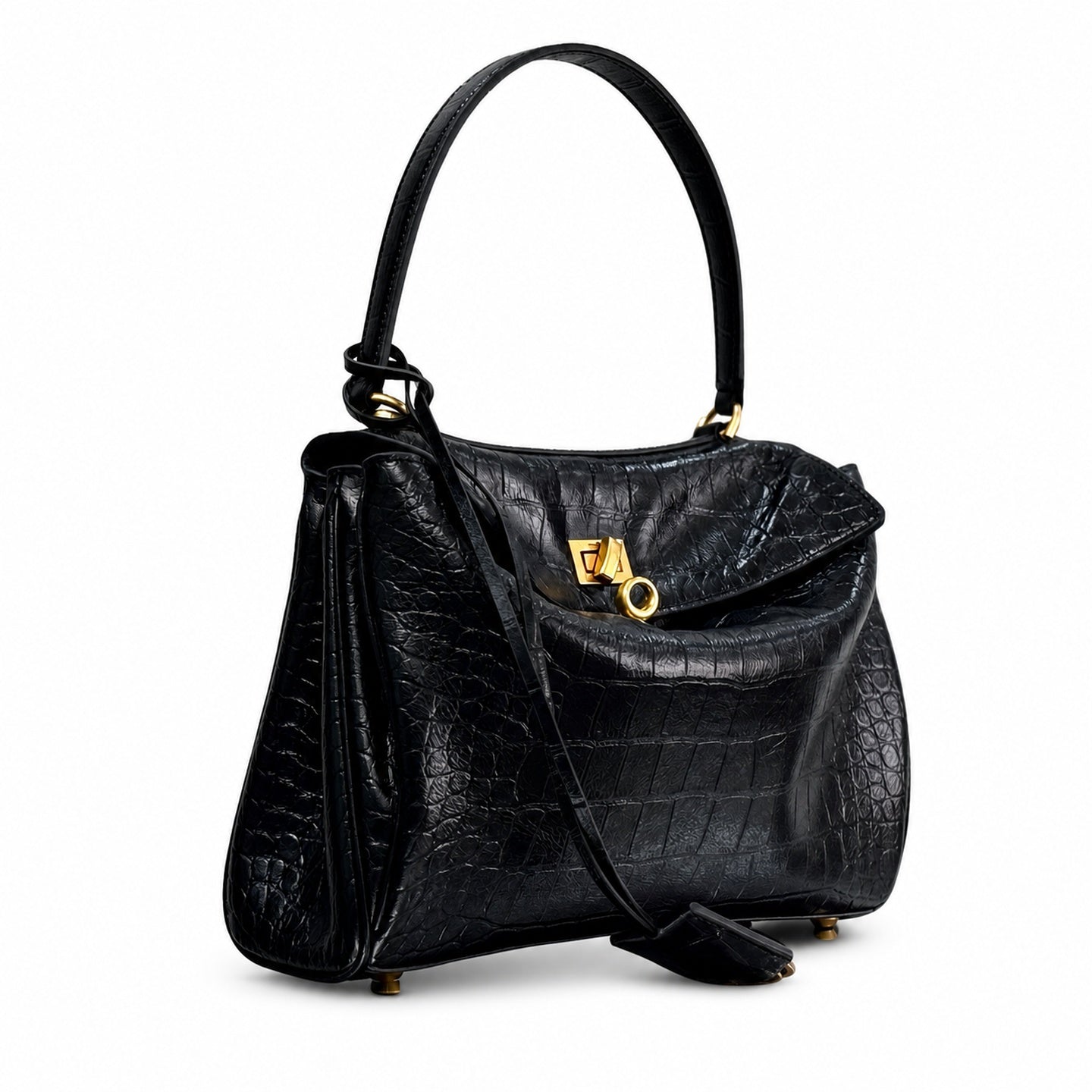 Balenciaga Small Croc-Embossed Black Handbag