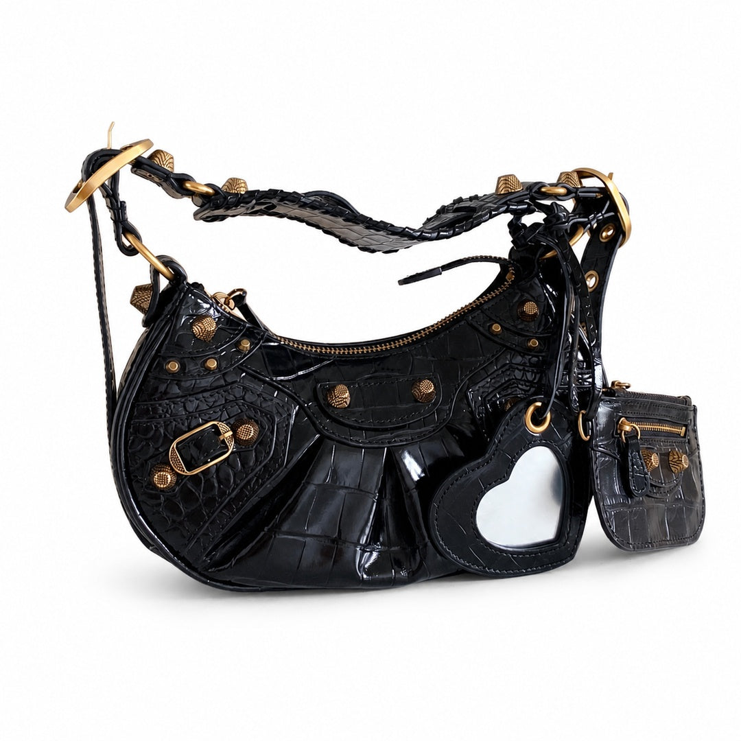 Balenciaga Le Cagole Croc-Embossed Leather Black Bag