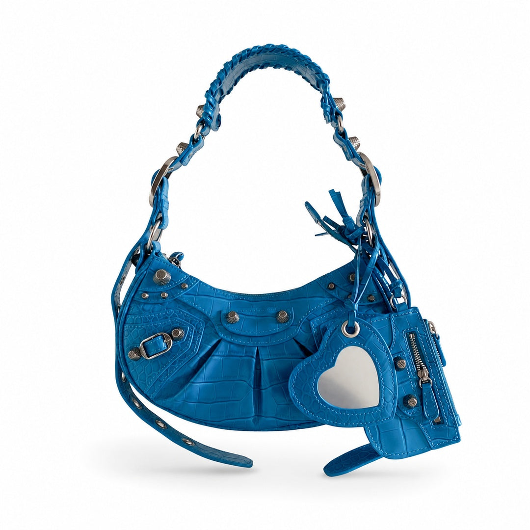 Balenciaga Le Cagole Small Croc-Embossed Leather Blue Bag