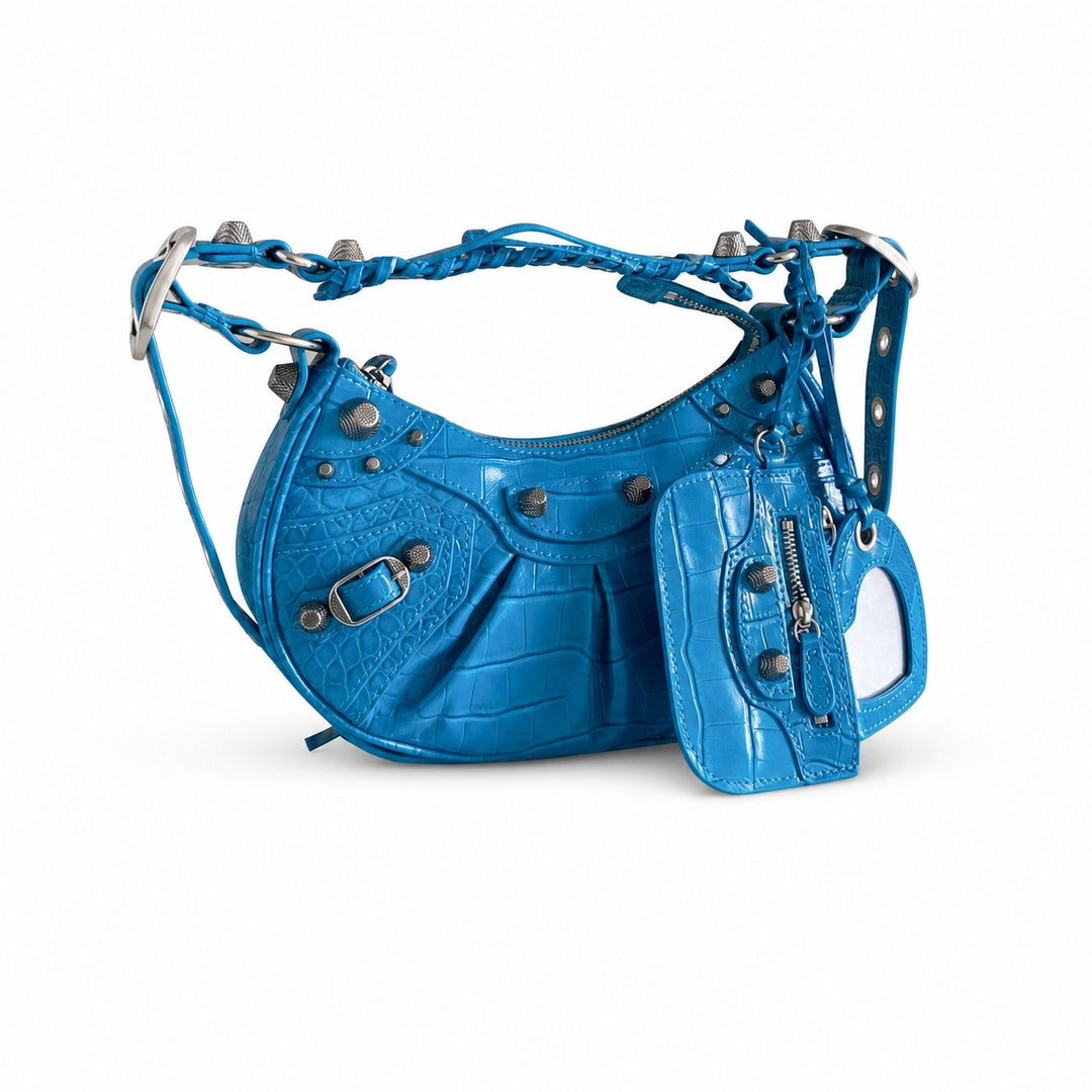Balenciaga Le Cagole Small Croc-Embossed Leather Blue Bag