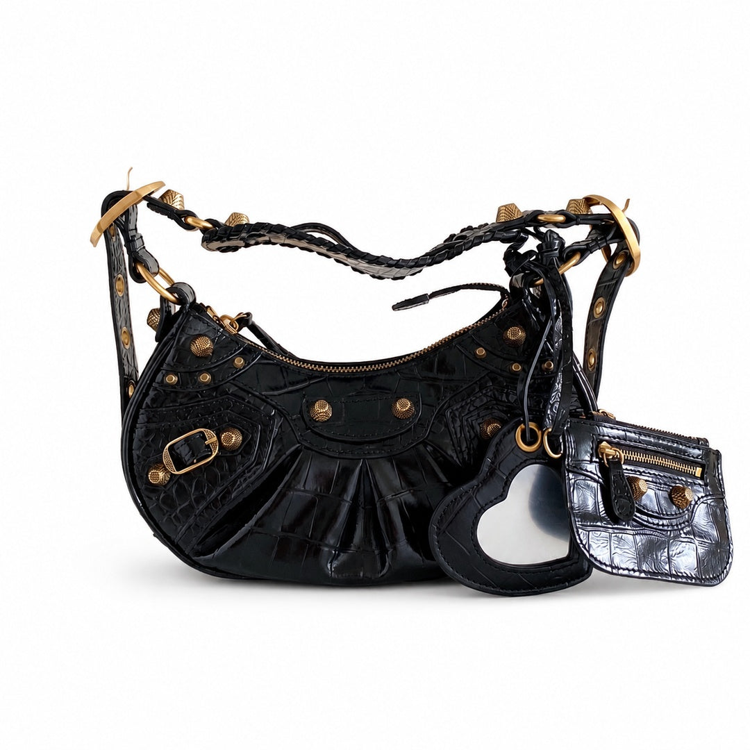 Balenciaga Le Cagole Croc-Embossed Leather Black Bag