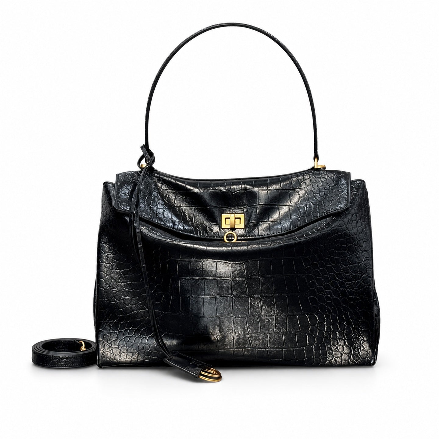 Balenciaga Mini Small Large Croc-Embossed Leather Black Handbag