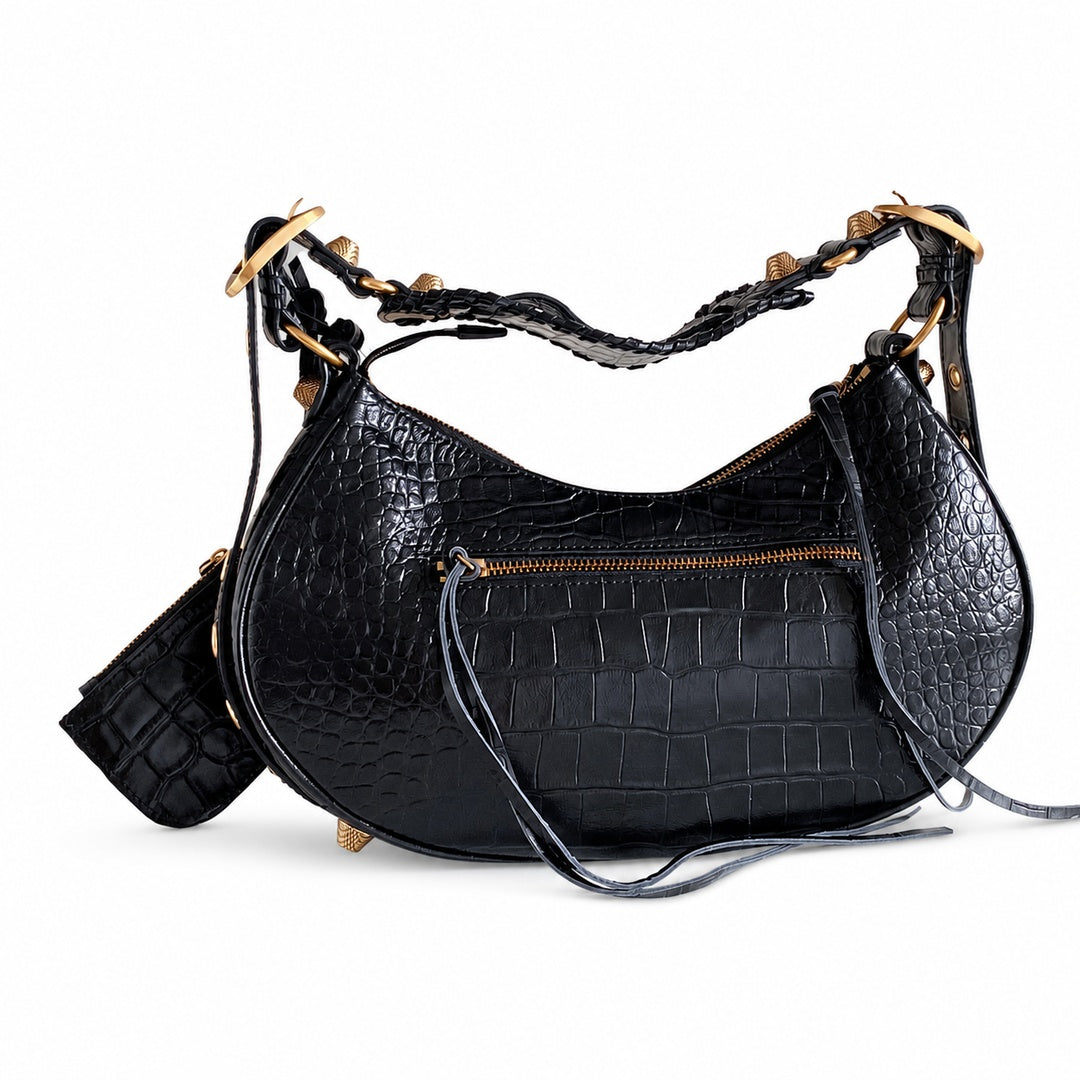 Balenciaga Le Cagole Large Croc-Embossed Leather Black Bag