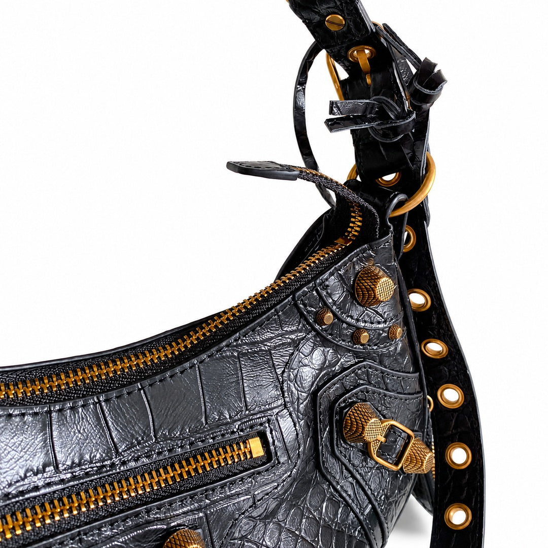 Balenciaga Le Cagole Large Croc-Embossed Leather Black Bag