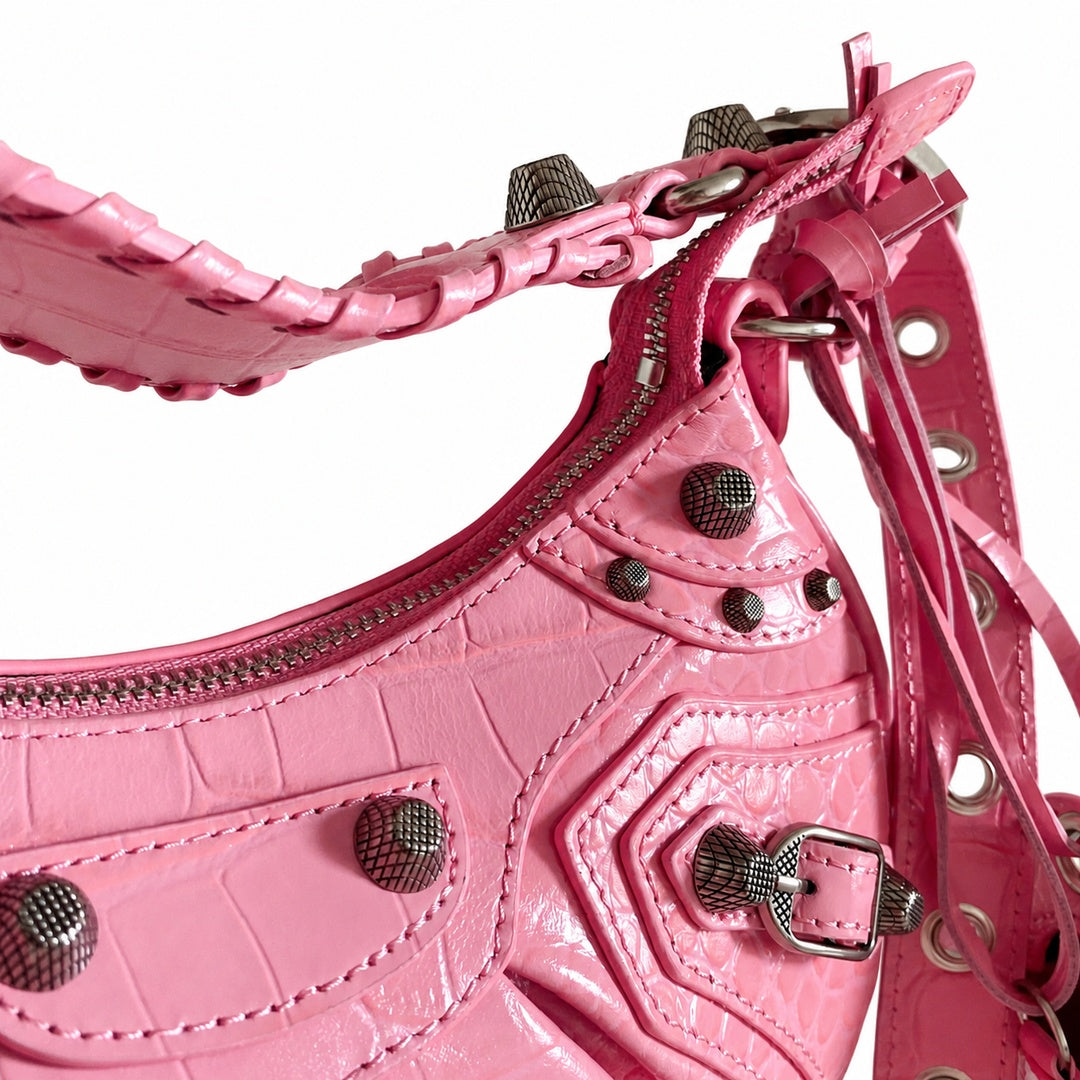 Balenciaga Le Cagole Croc-Embossed Leather Pink Bag