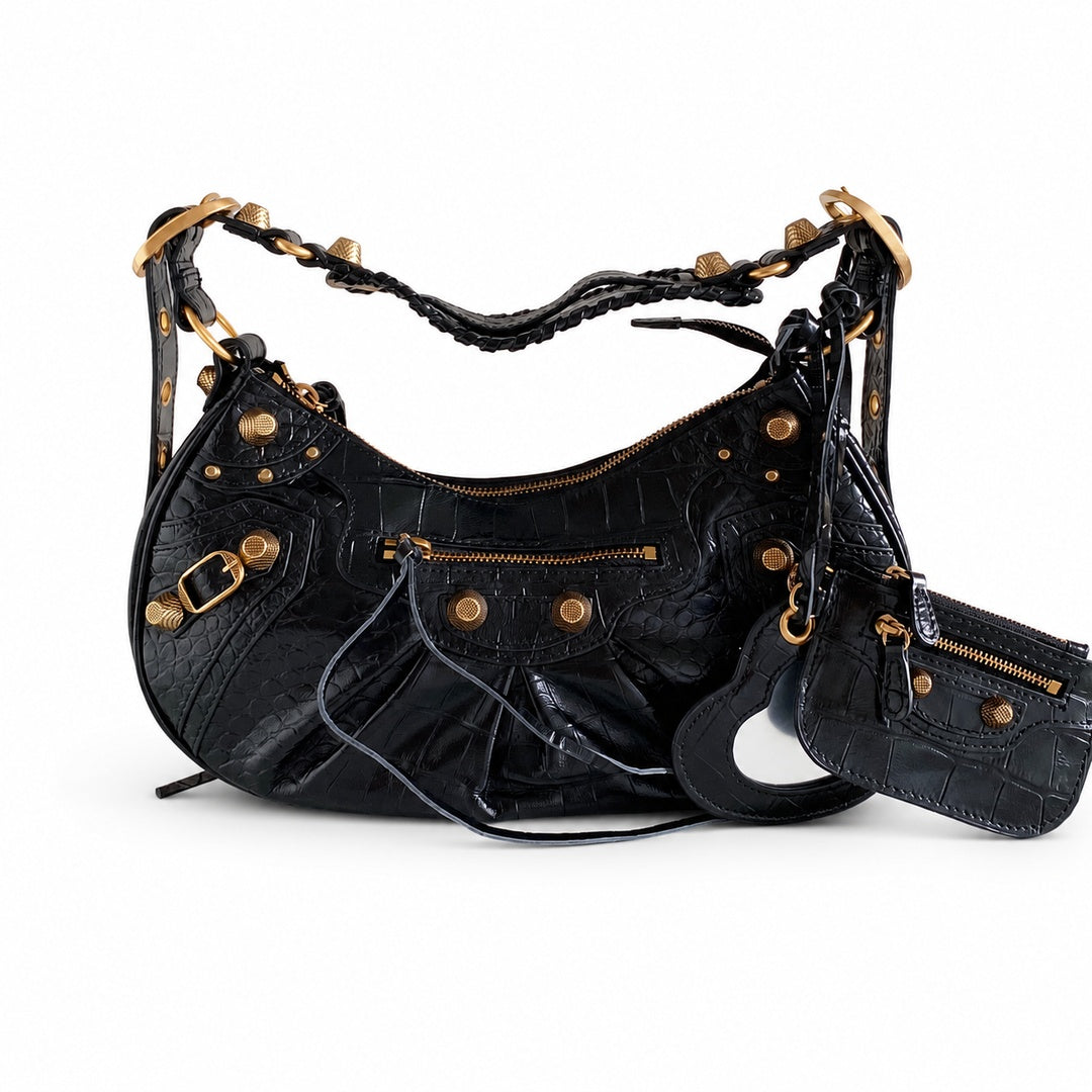 Balenciaga Le Cagole Large Croc-Embossed Leather Black Bag