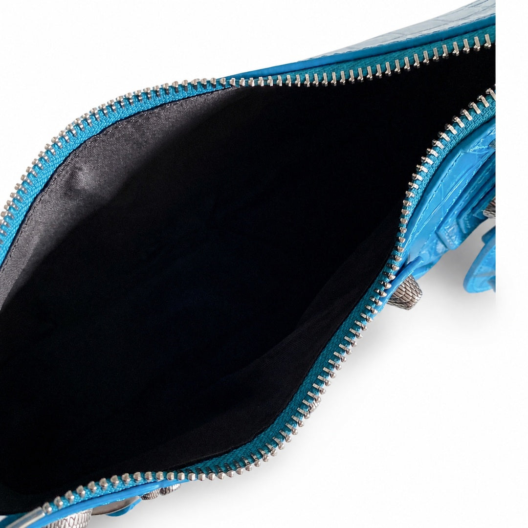 Balenciaga Le Cagole Small Croc-Embossed Leather Blue Bag