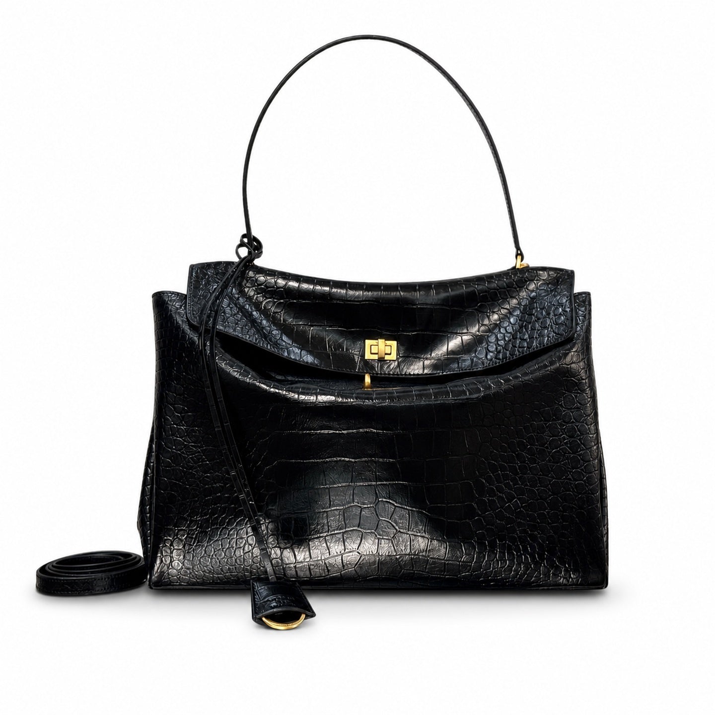Balenciaga Large Croc-Embossed Black Handbag