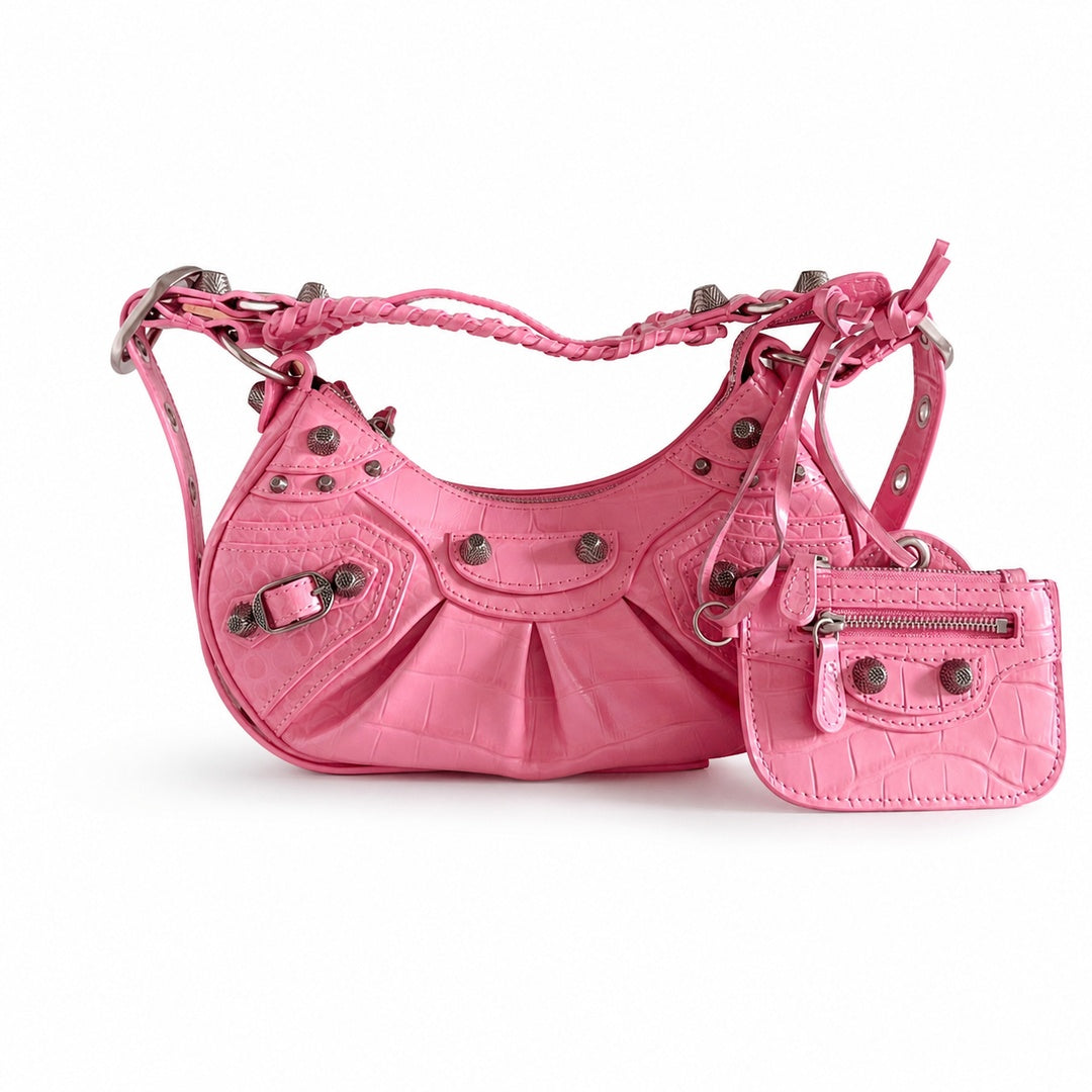 Balenciaga Le Cagole Croc-Embossed Leather Pink Bag