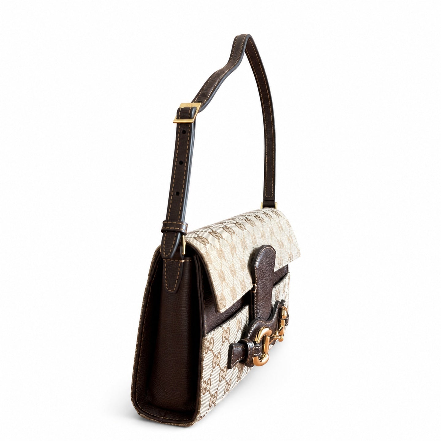 Gucci Horsebit Canvas Leather Brown Gold Shoulder Bag