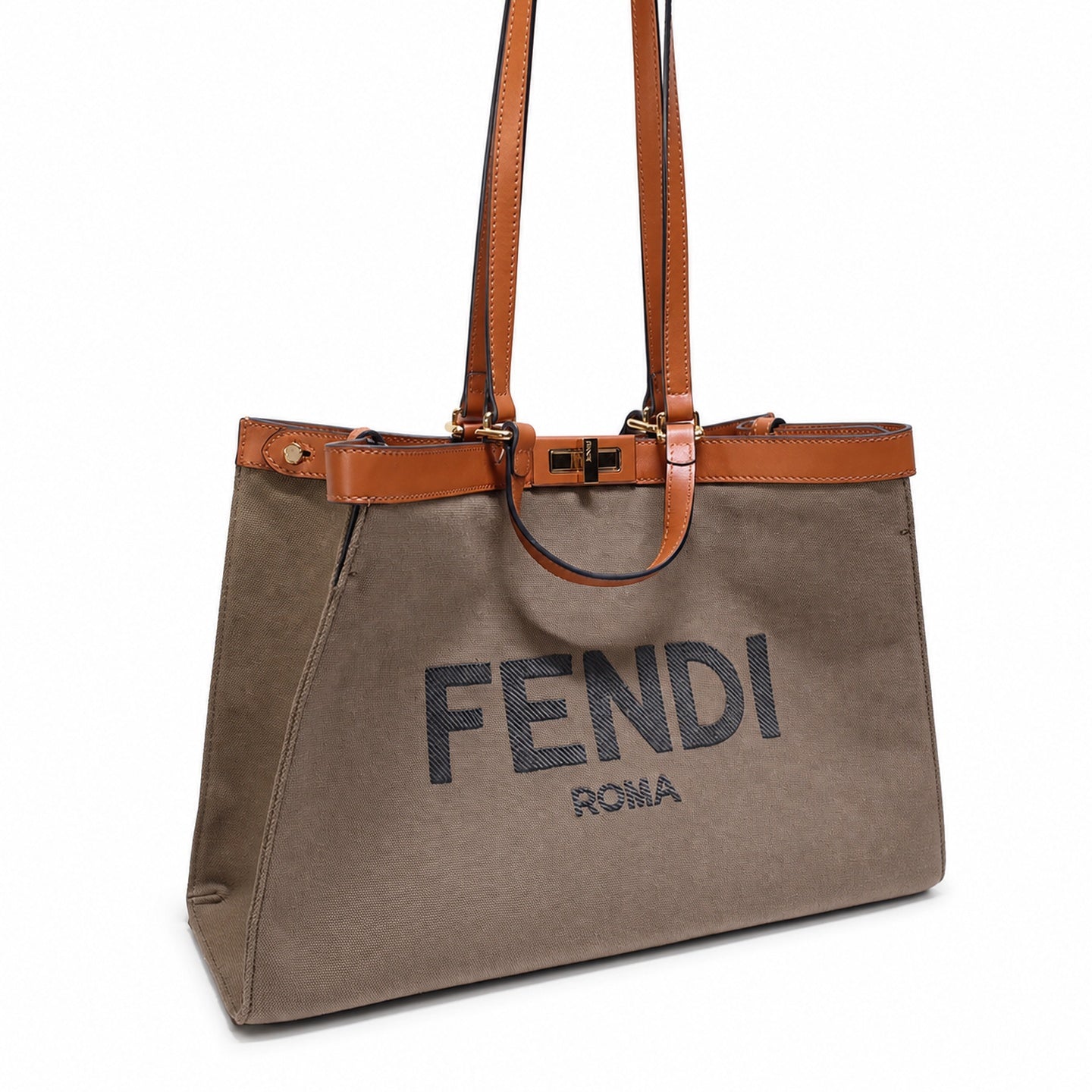 Fendi Peekaboo X-Tote Embroidered Canvas Leather Brown Green Handbag