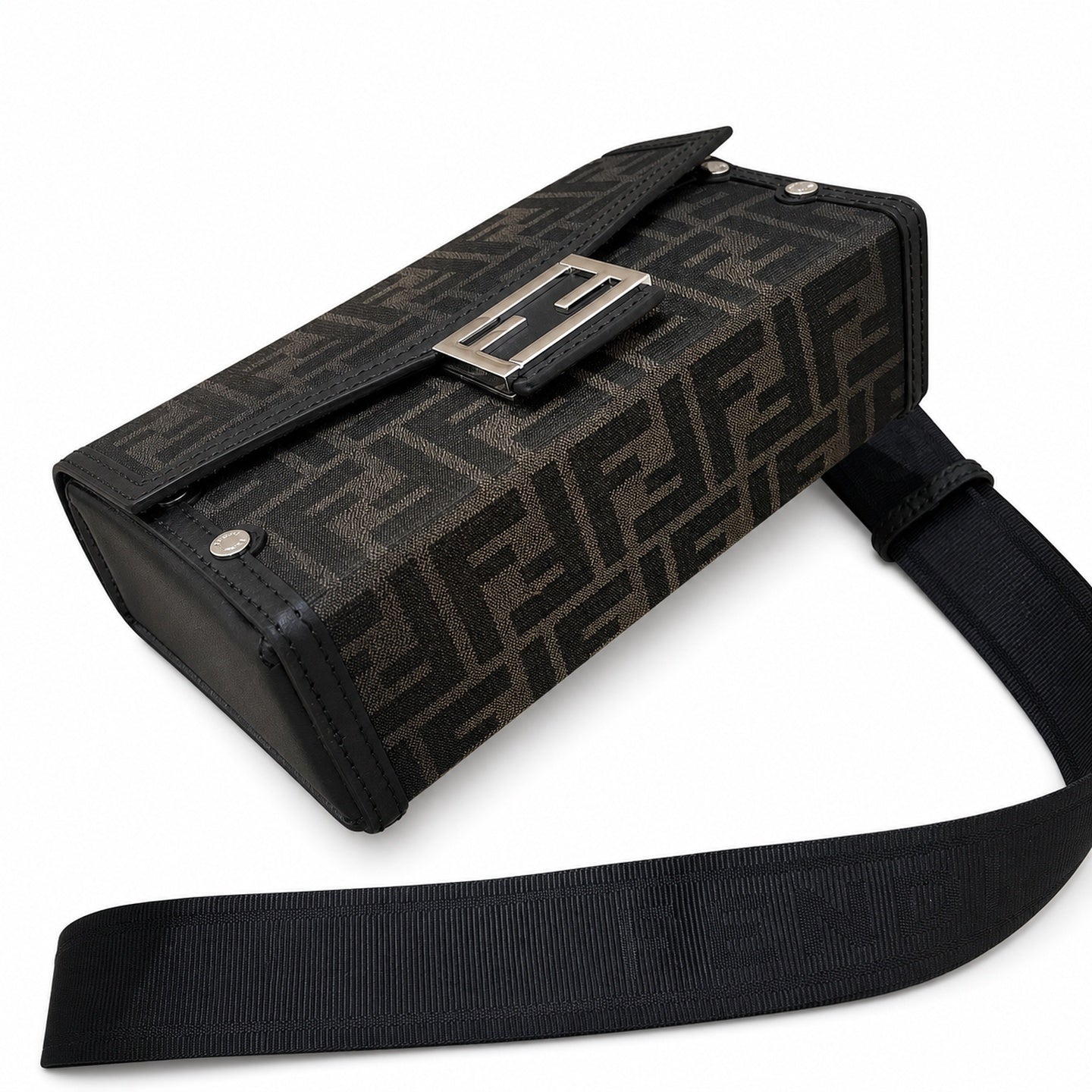Fendi Baguette Soft Trunk Jacquard Leather Black Silver Bag