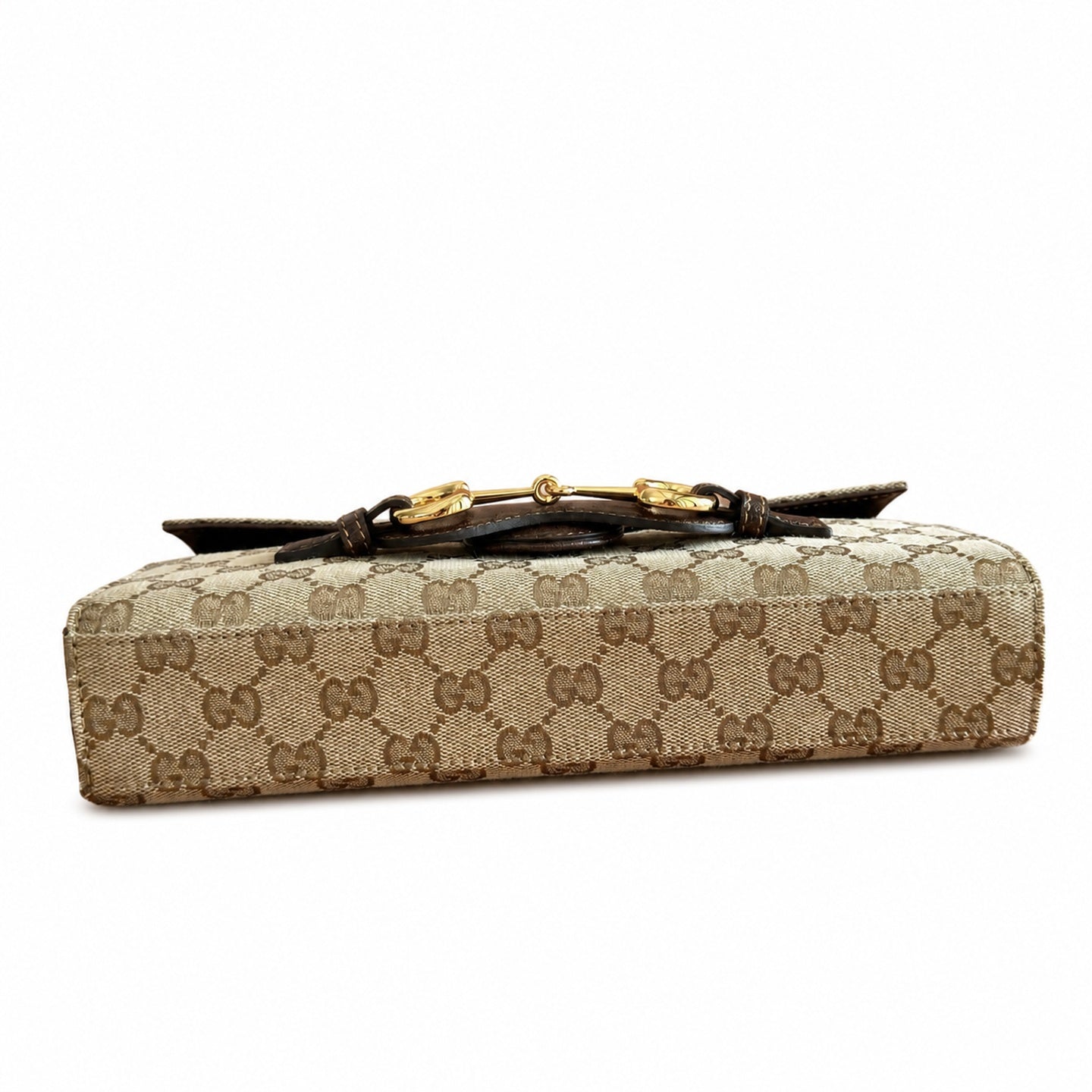 Gucci Horsebit Canvas Leather Brown Gold Shoulder Bag