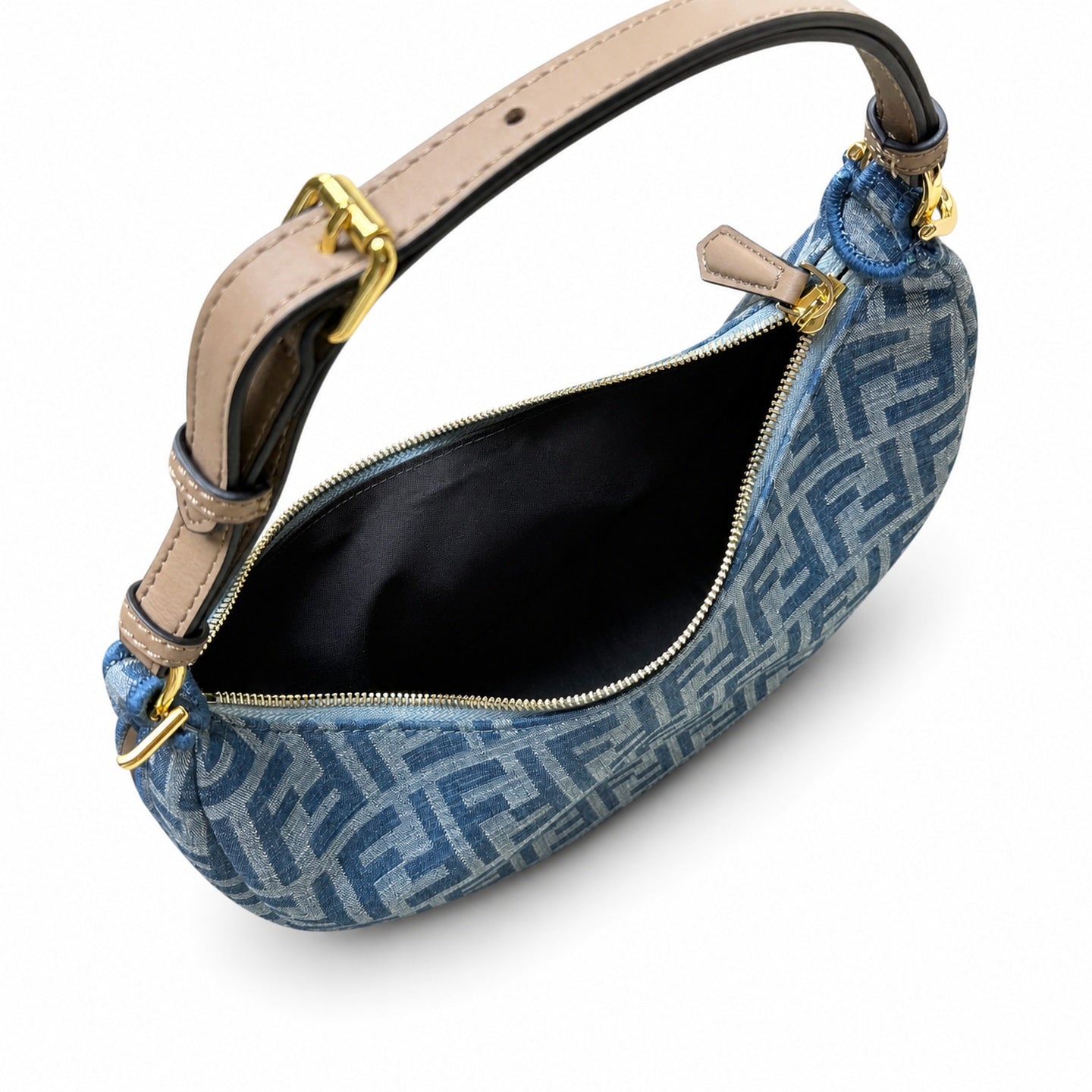 Fendi Fendigraphy Small Denim Leather Beige Blue Hobo Bag