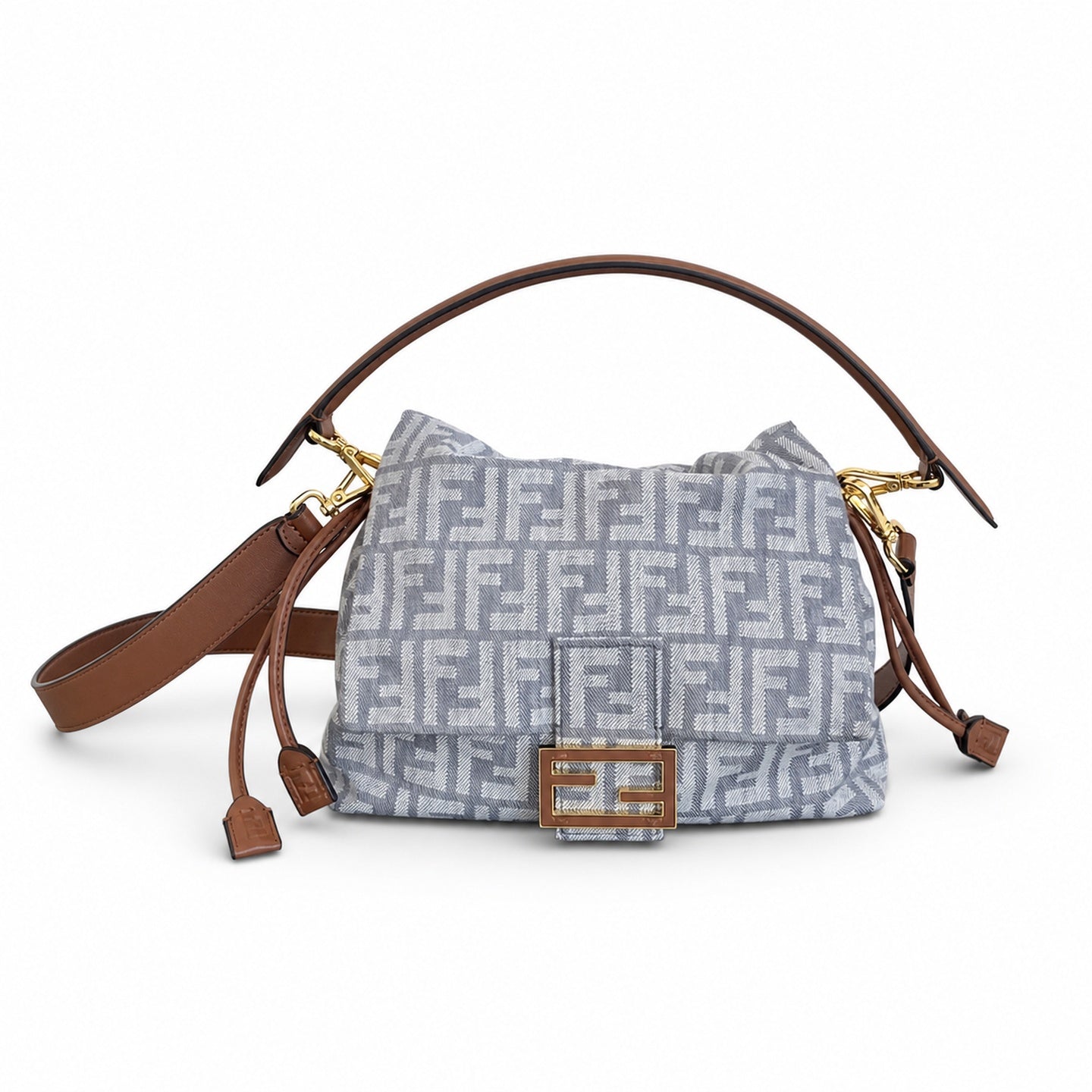 Fendi Mama Baguette Embroidered Denim Leather Gray Brown Blue Bag