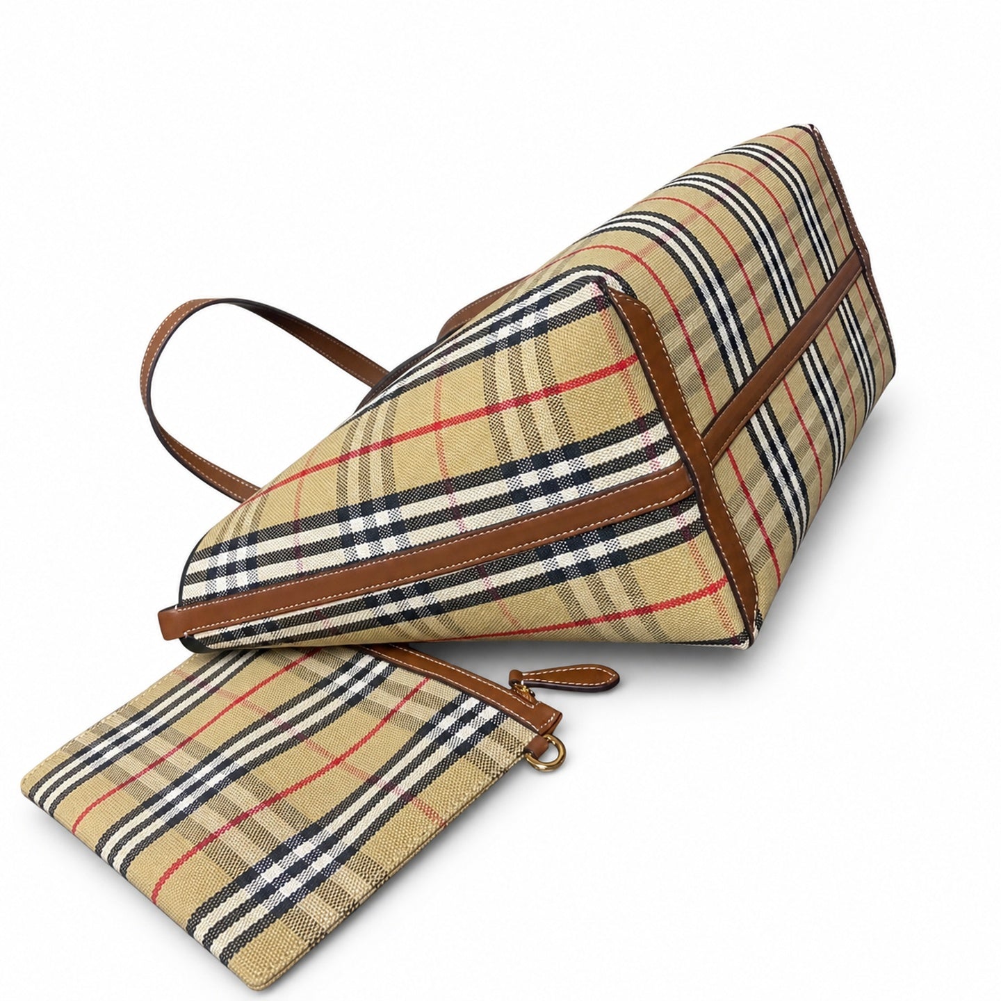 Burberry Cotton Canvas Leather Check Tote Bag