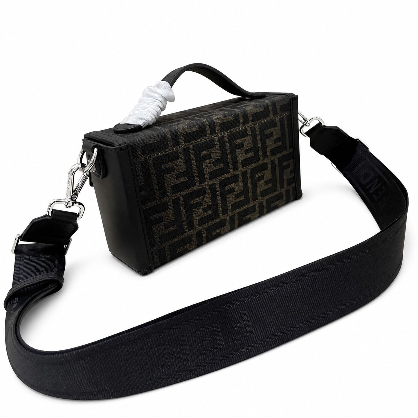 Fendi Baguette Soft Trunk Jacquard Leather Black Silver Bag
