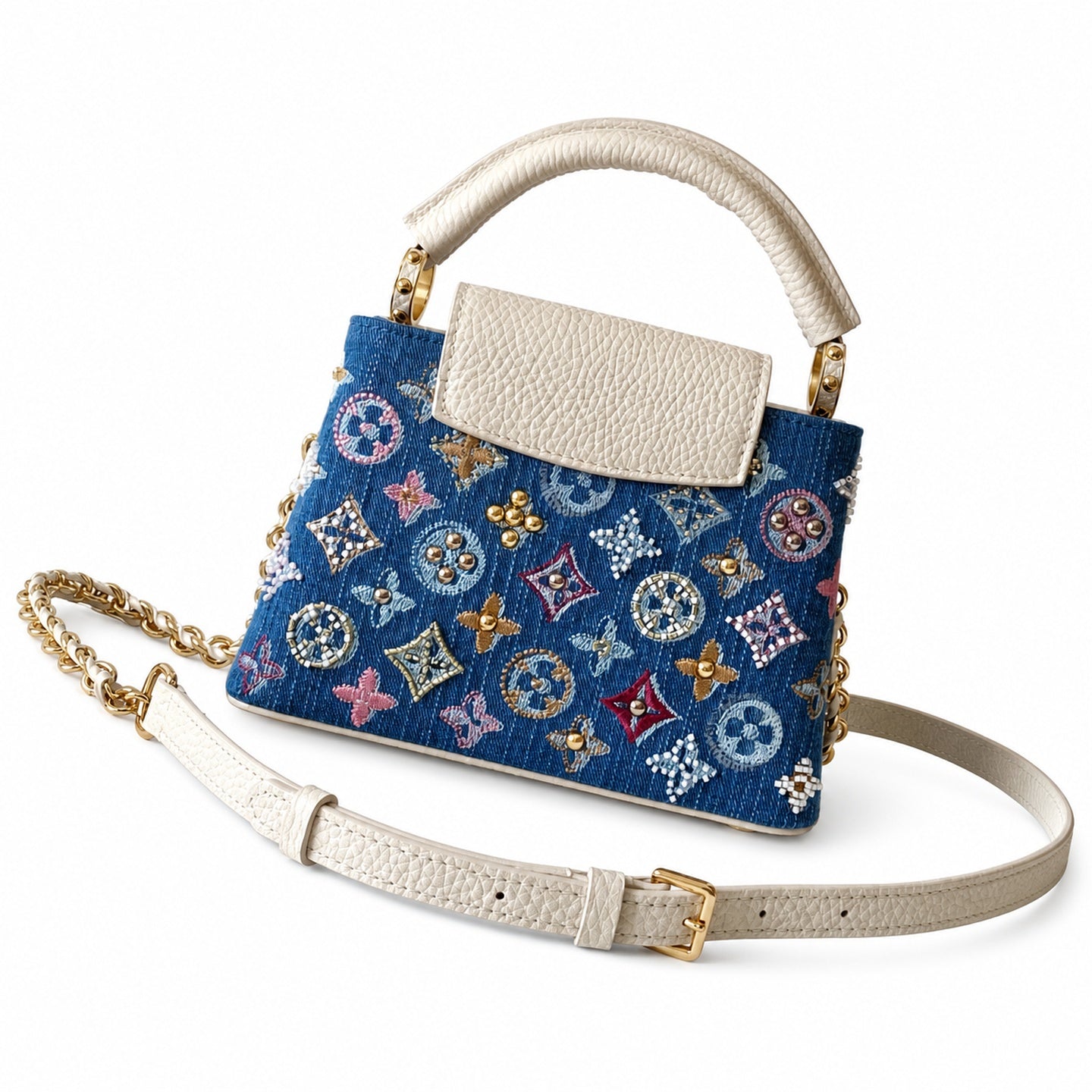 Louis Vuitton Mini Embroidered Cotton Denim Leather Handbag