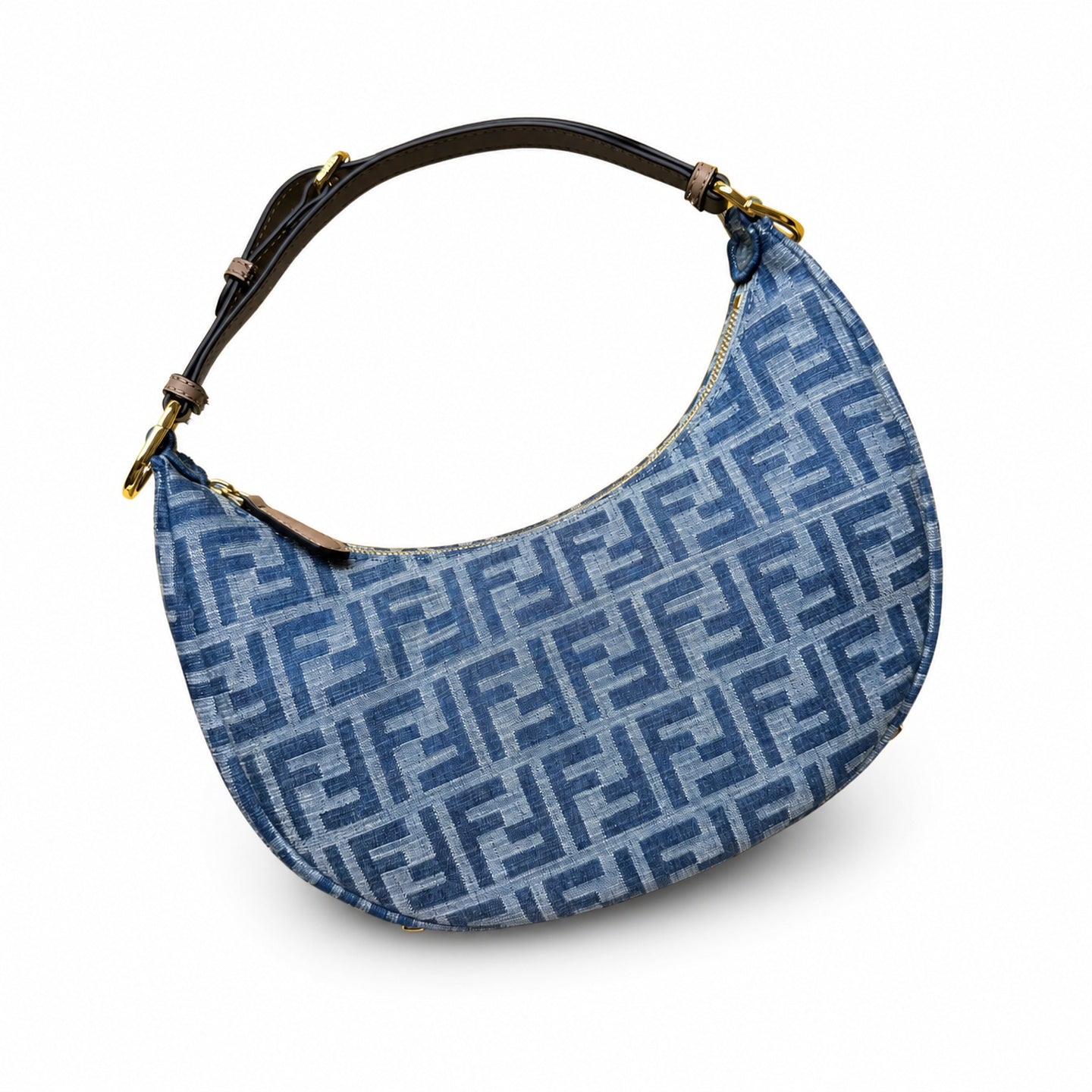 Fendi Fendigraphy Small Denim Leather Beige Blue Hobo Bag