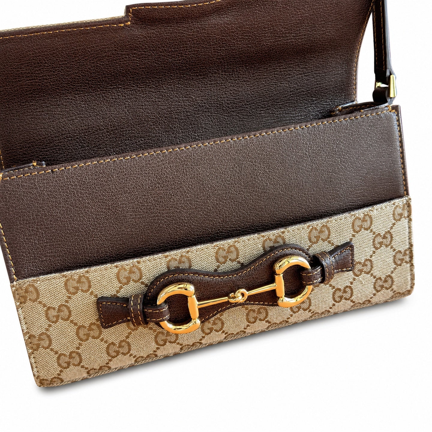Gucci Horsebit Canvas Leather Brown Gold Shoulder Bag