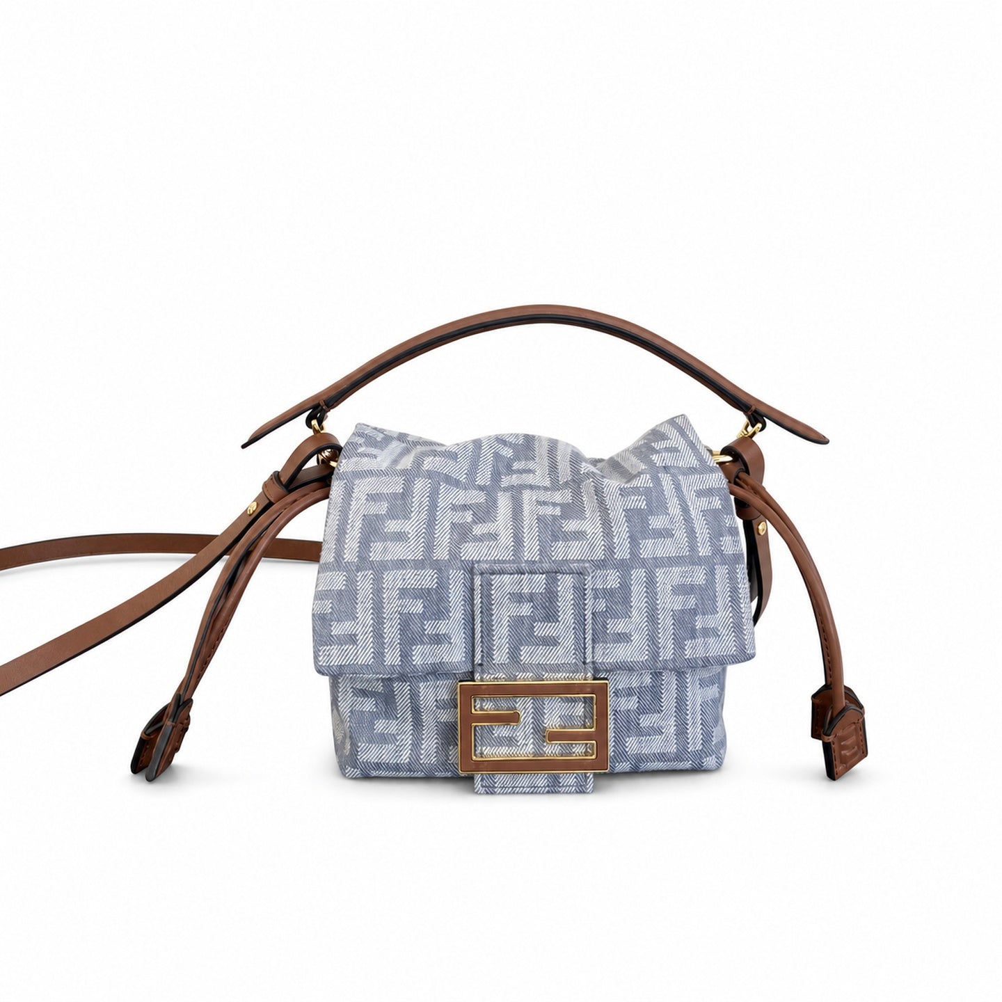 Fendi Baguette Small Embroidered Denim Leather Gray Brown Blue Bag