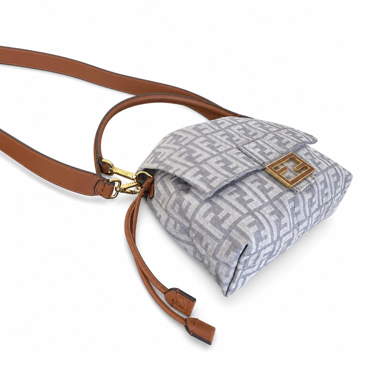 Fendi Mama Baguette Embroidered Denim Leather Gray Brown Blue Bag