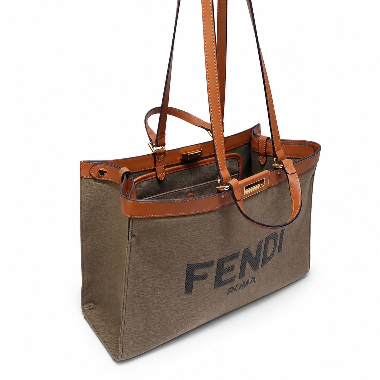 Fendi Peekaboo X-Tote Embroidered Canvas Leather Brown Green Handbag