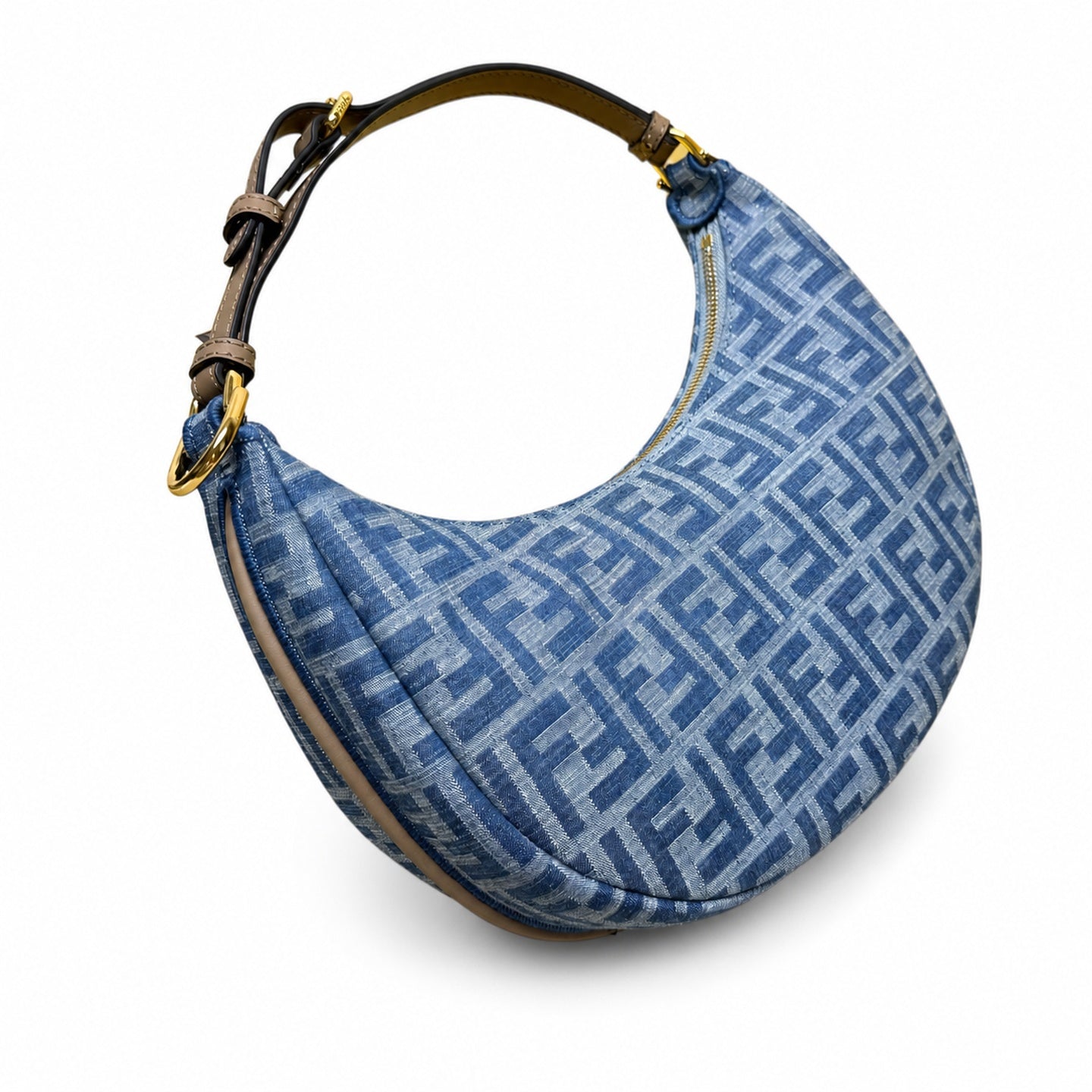 Fendi Fendigraphy Small Denim Leather Beige Blue Hobo Bag