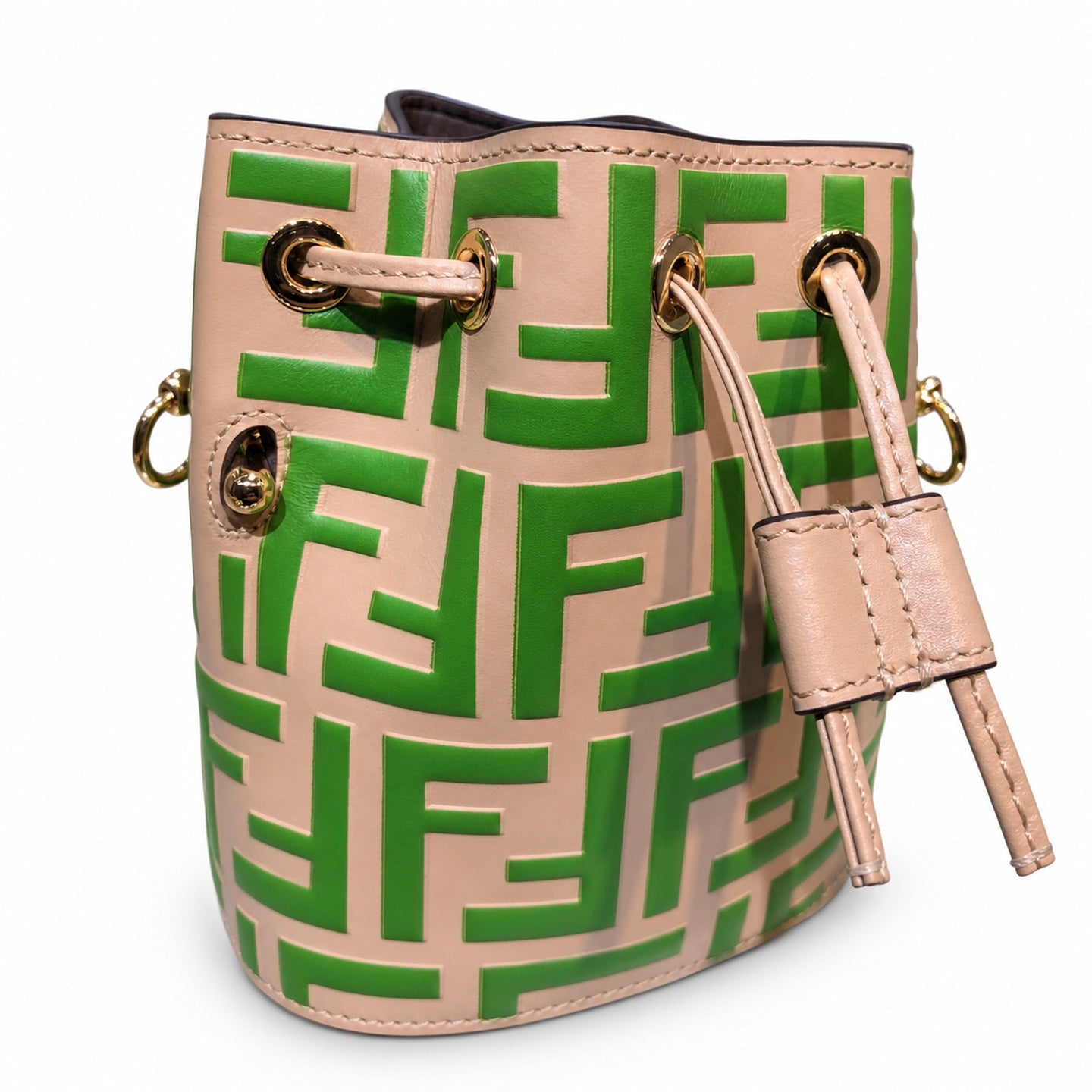 Fendi Mon Tresor Small Leather Beige Green Bucket Bag