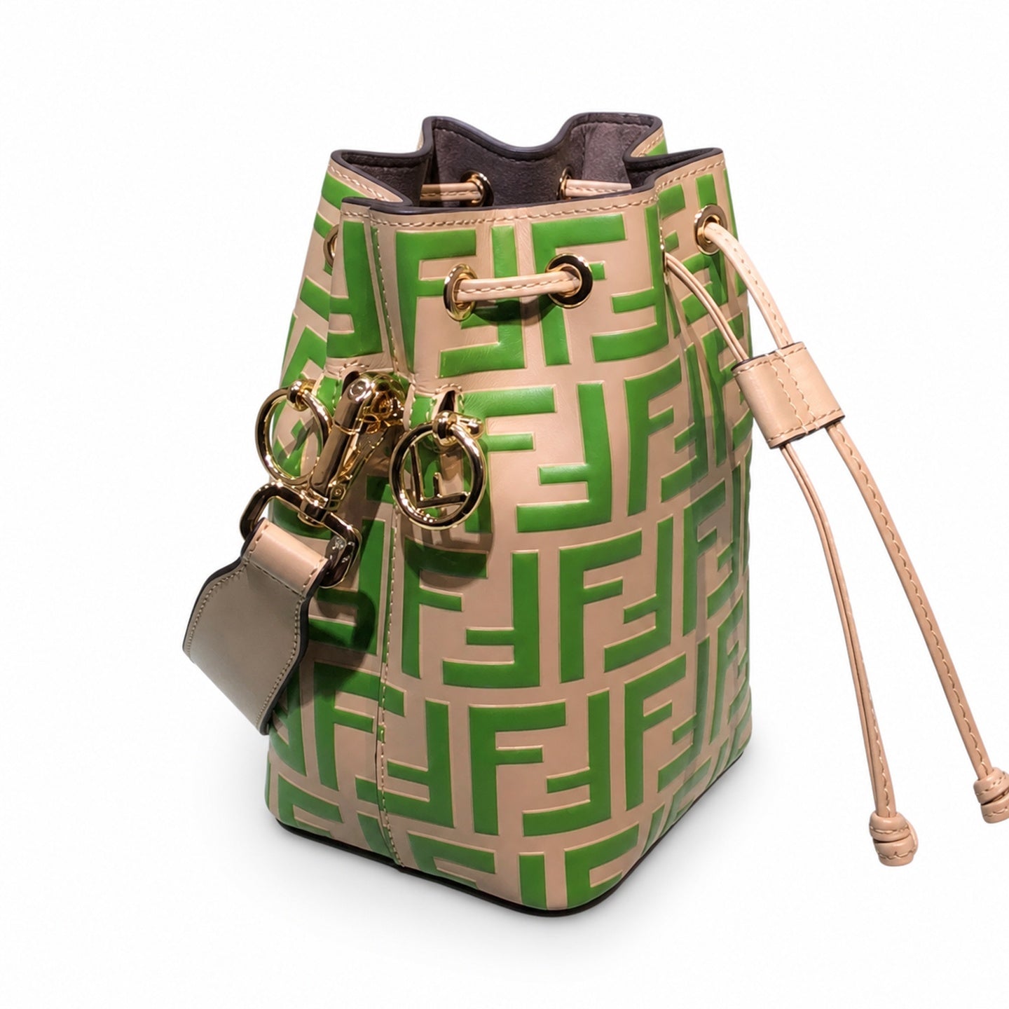 Fendi Mon Tresor Small Leather Beige Green Bucket Bag