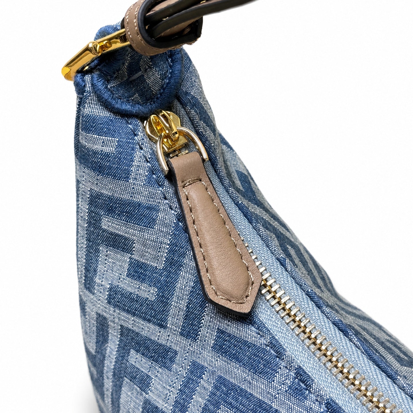 Fendi Fendigraphy Small Denim Leather Beige Blue Hobo Bag