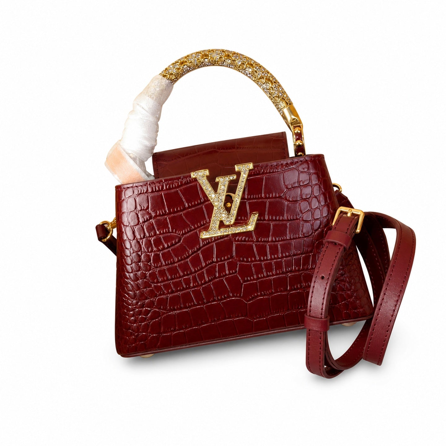 Louis Vuitton Capucines Mini Croc-Embossed Leather Burgundy Handbag
