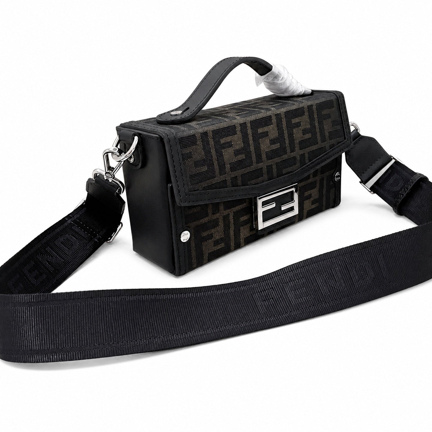 Fendi Baguette Soft Trunk Jacquard Leather Black Silver Bag