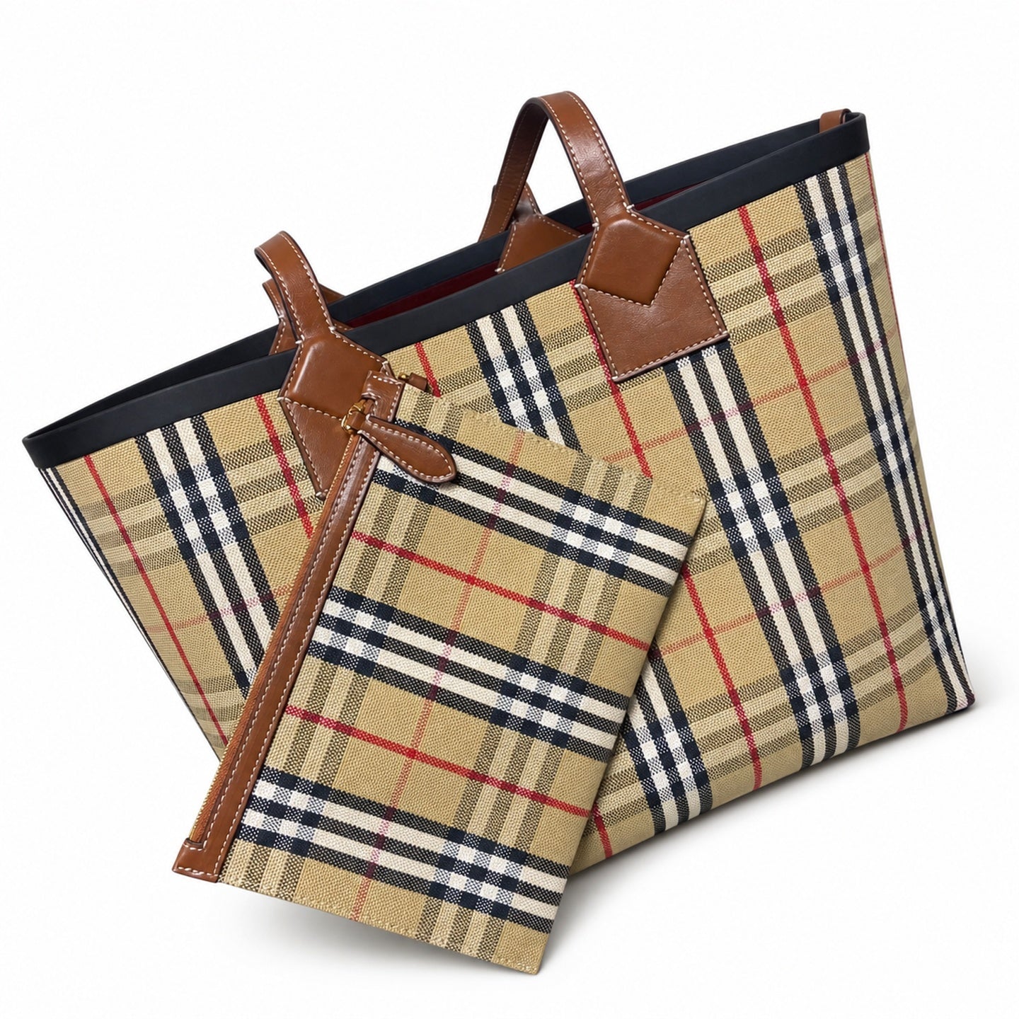 Burberry Cotton Canvas Leather Check Tote Bag
