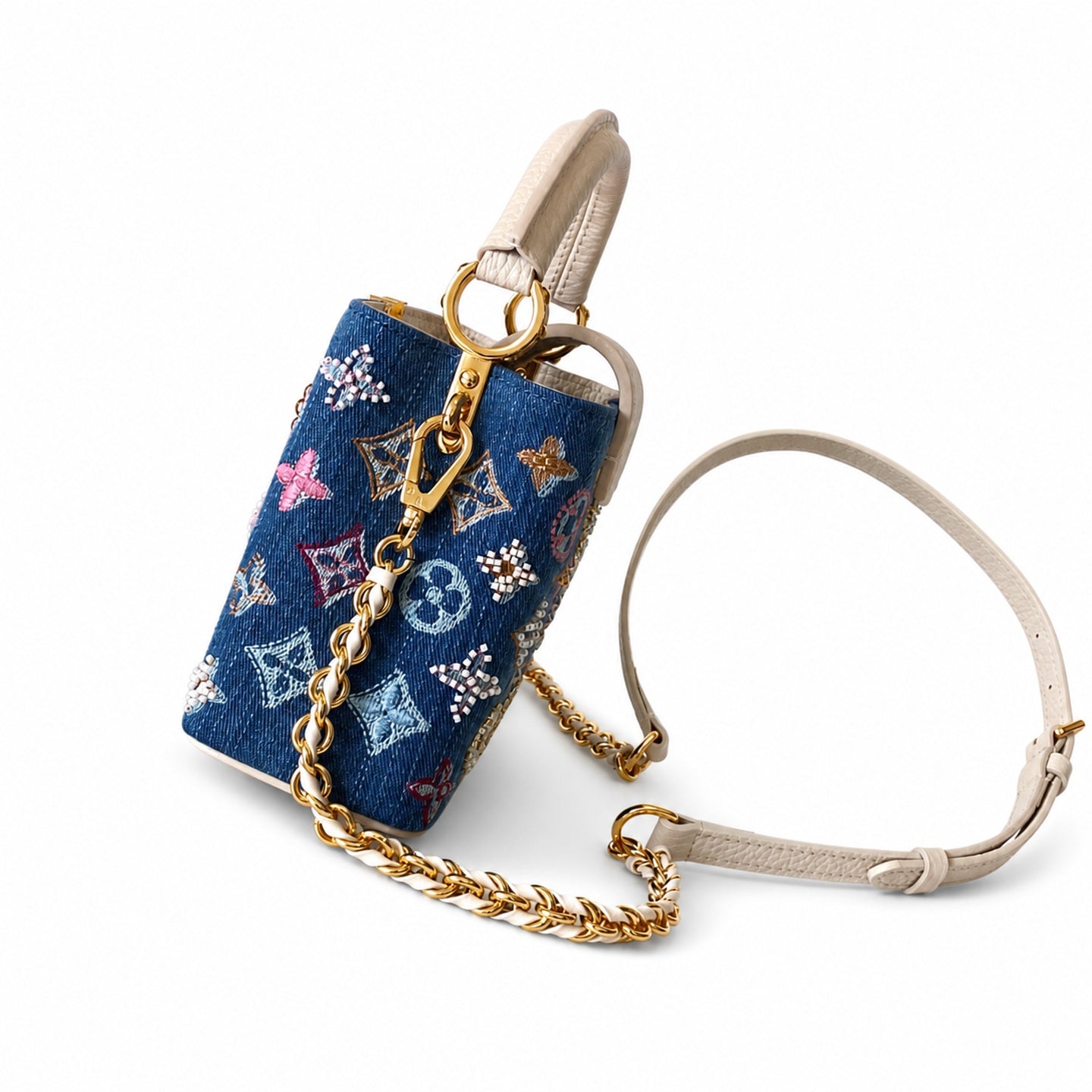 Louis Vuitton Mini Embroidered Cotton Denim Leather Handbag