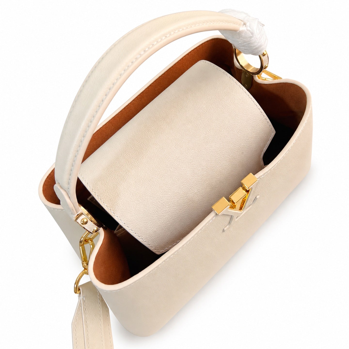 Louis Vuitton Capucines Medium Suede Leather White Brown Handbag