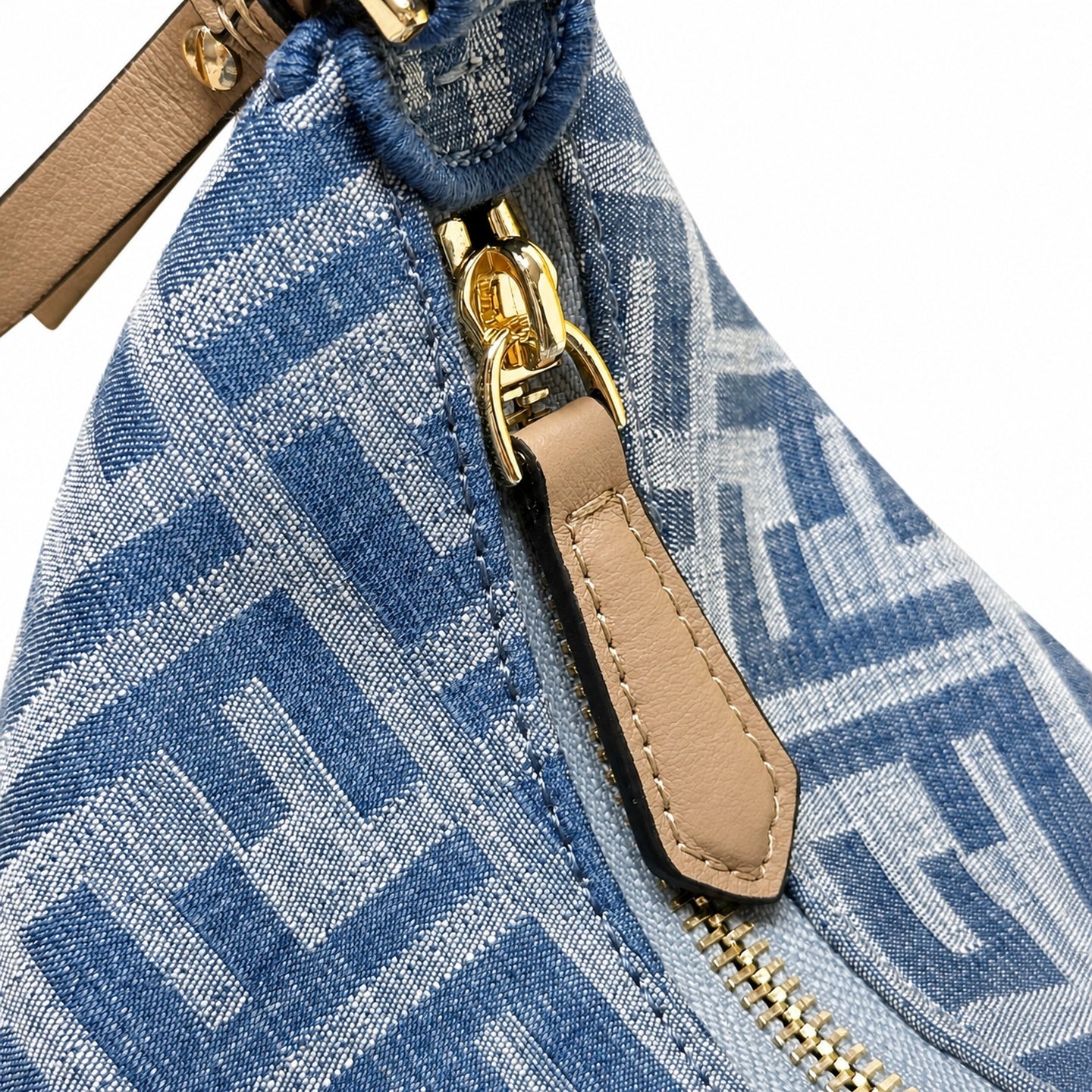 Fendi Mini Denim Leather Beige Blue Hobo Bag