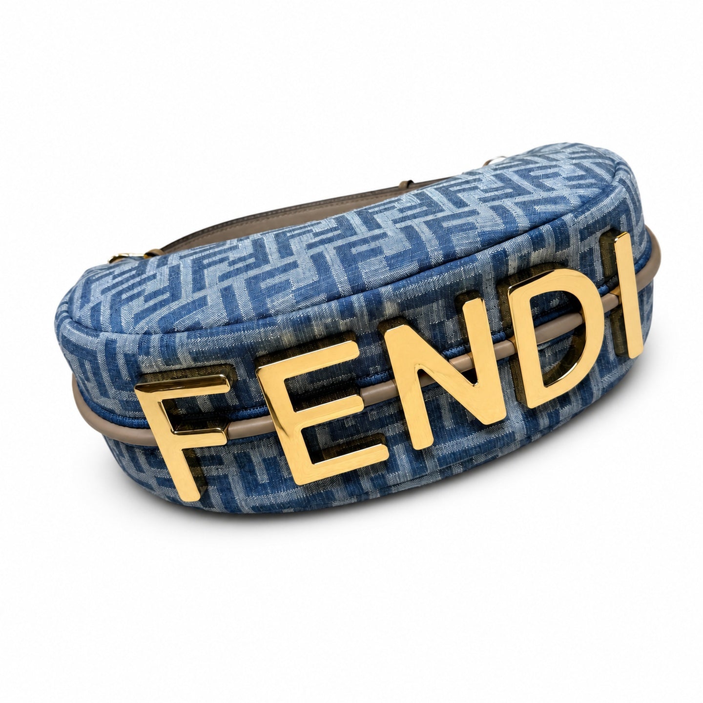 Fendi Fendigraphy Small Denim Leather Beige Blue Hobo Bag